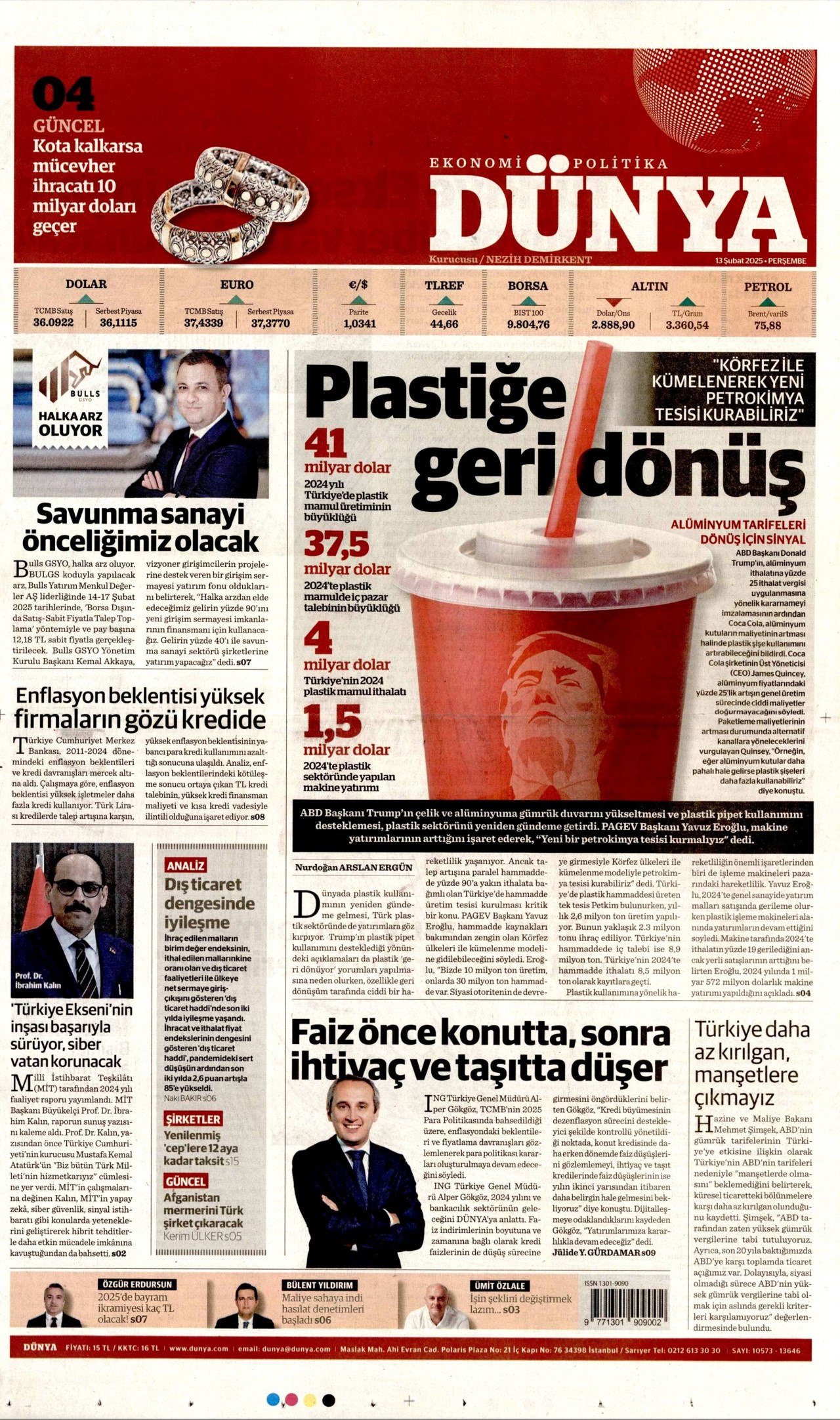 DÜNYA gazetesinin 13 Şubat 2025 tarihli birinci sayfası
