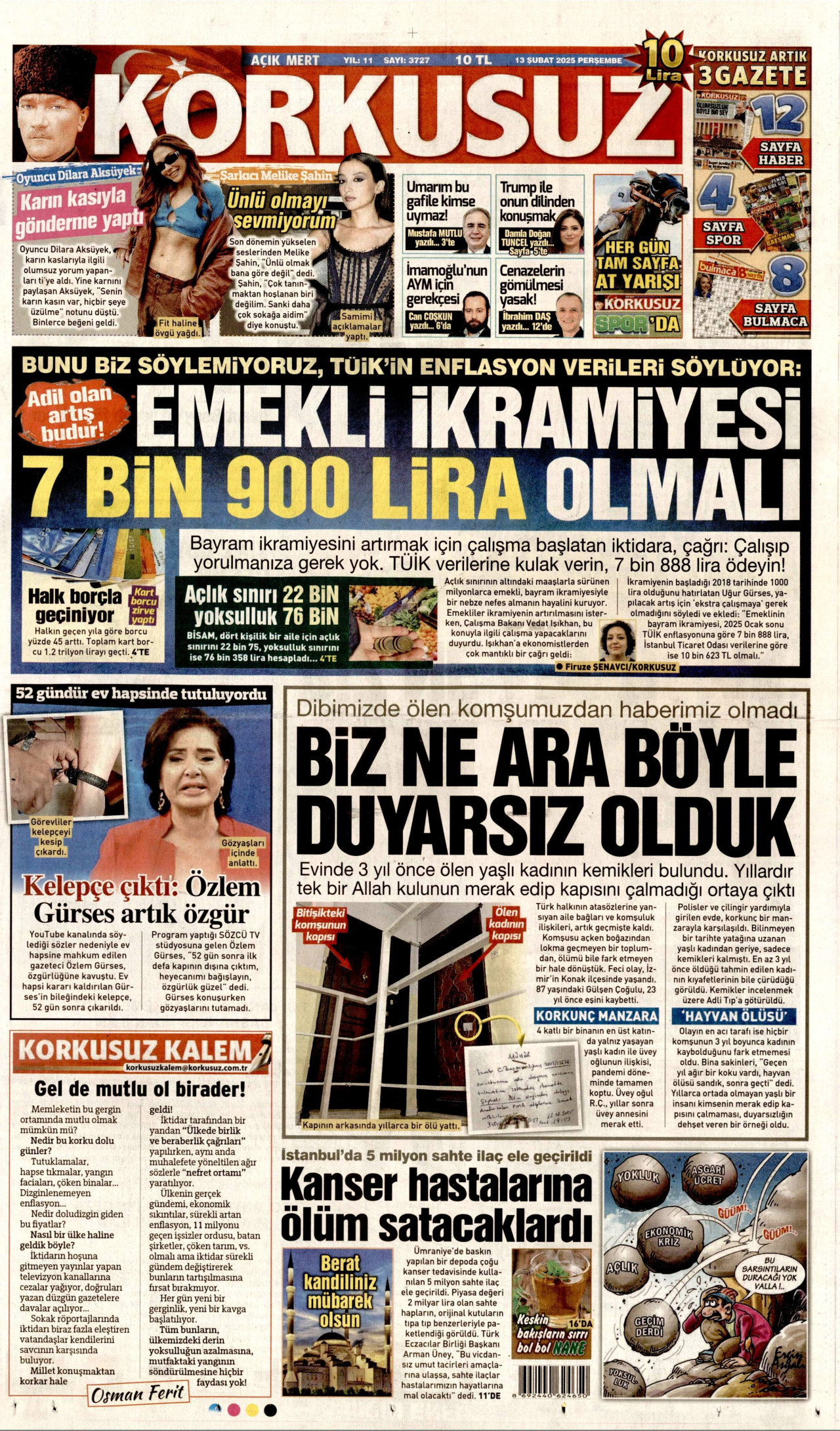 KORKUSUZ gazetesinin 13 Şubat 2025 tarihli birinci sayfası