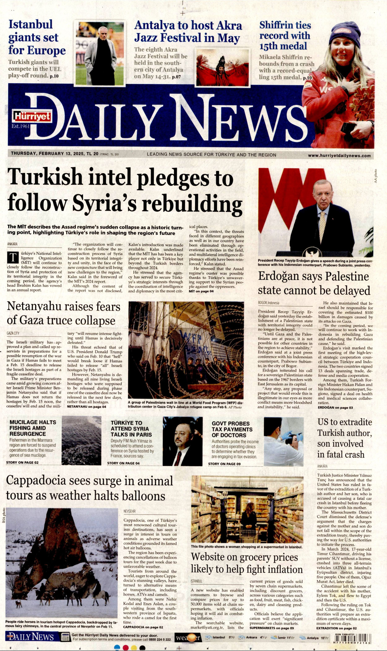 HÜRRİYET DAİLY NEWS gazetesinin 13 Şubat 2025 tarihli birinci sayfası