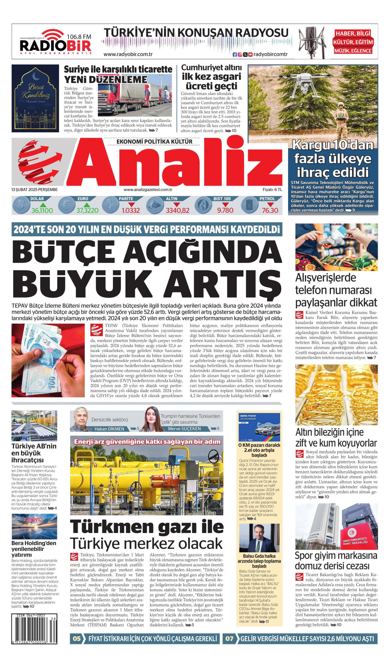 ANALİZ gazetesinin 13 Şubat 2025 tarihli birinci sayfası