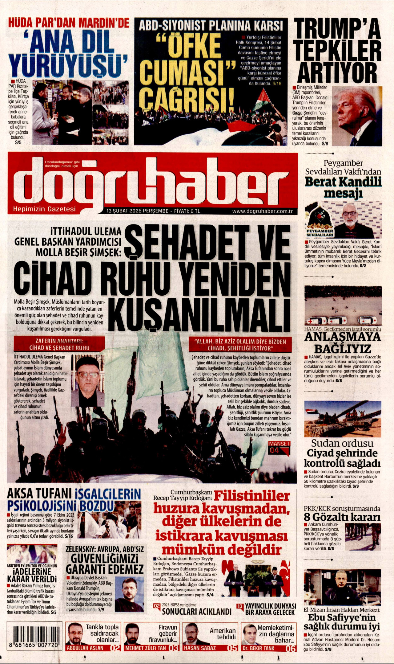 DOĞRU HABER gazetesinin 13 Şubat 2025 tarihli birinci sayfası