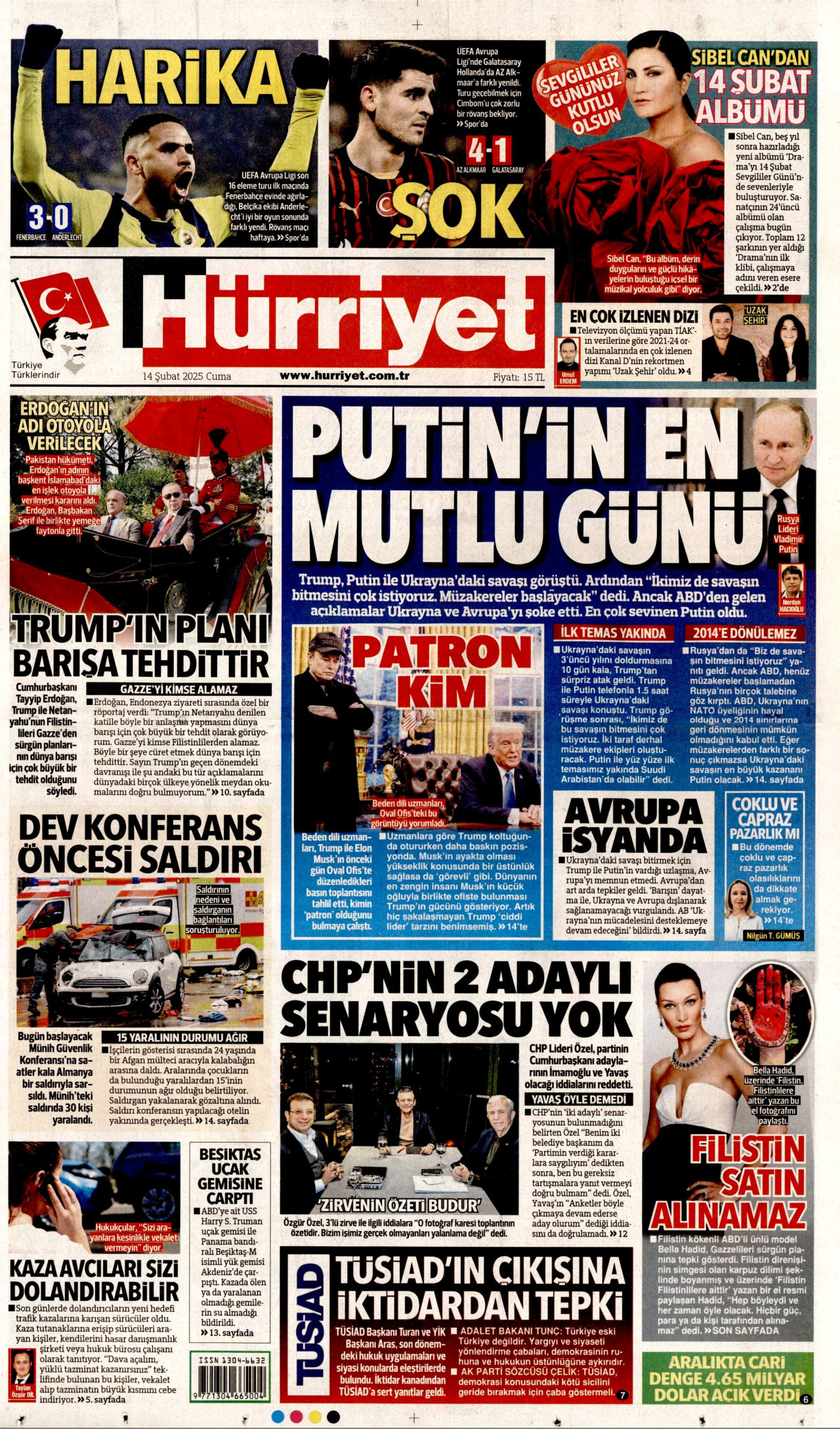 HÜRRİYET gazetesinin 14 Şubat 2025 tarihli birinci sayfası