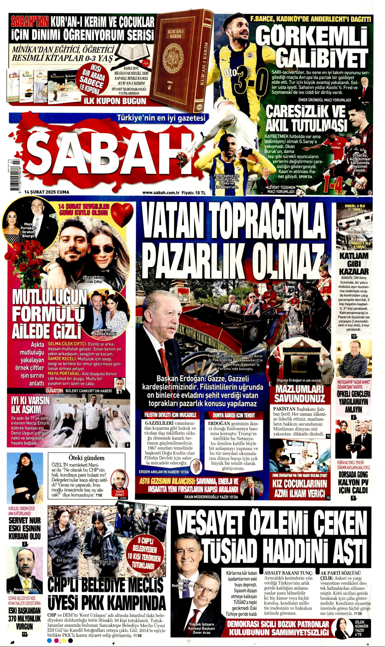 SABAH gazetesinin 14 Şubat 2025 tarihli birinci sayfası