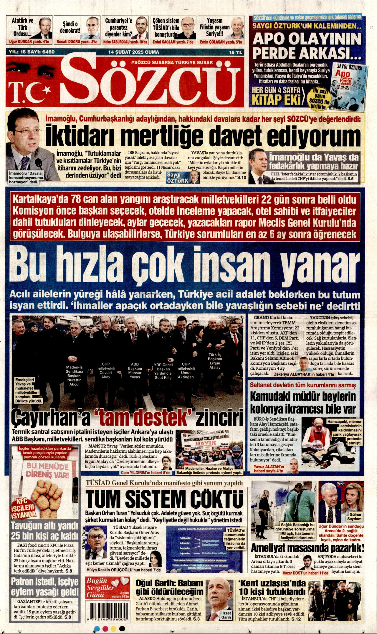 SÖZCÜ gazetesinin 14 Şubat 2025 tarihli birinci sayfası