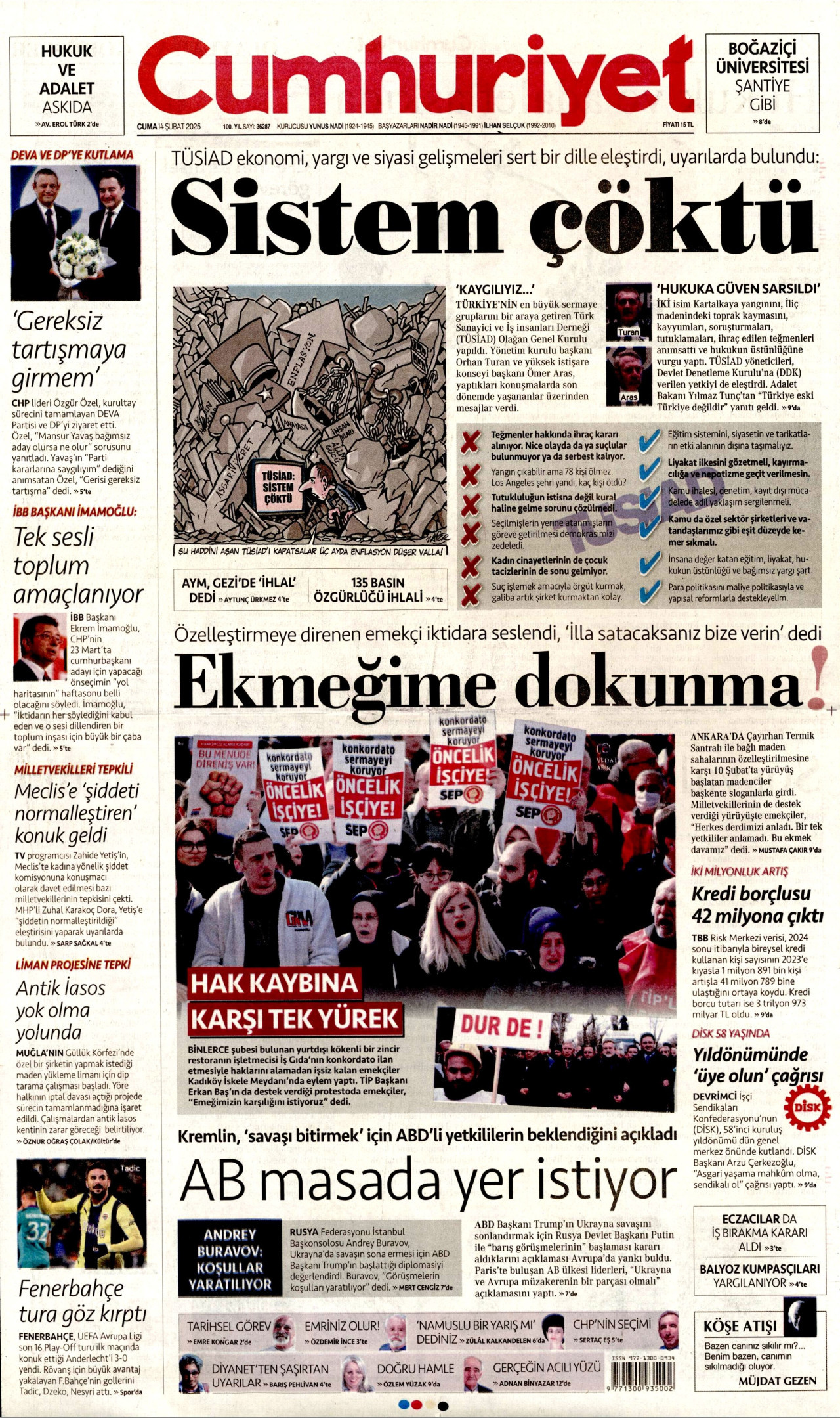 CUMHURİYET gazetesinin 14 Şubat 2025 tarihli birinci sayfası