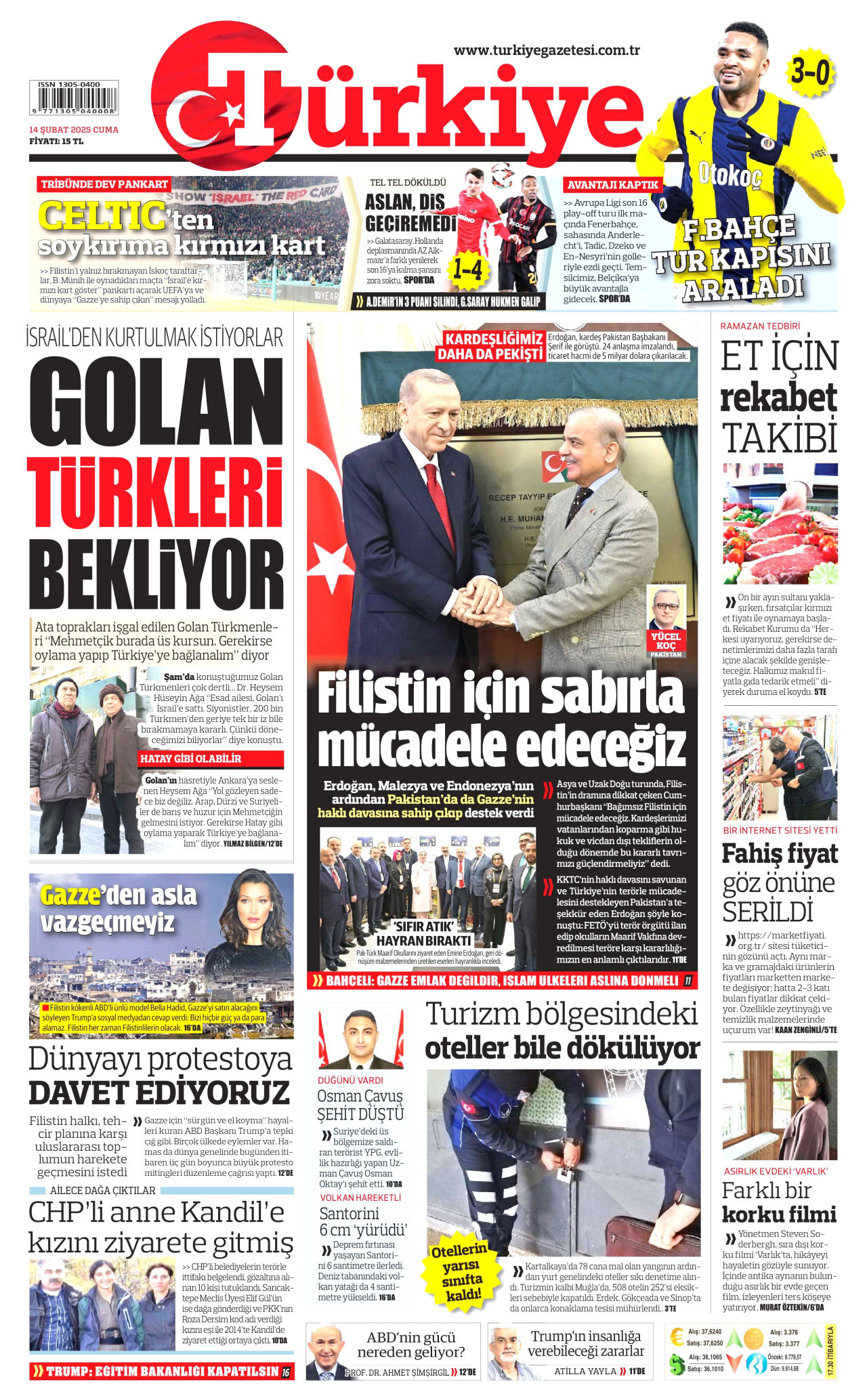 TÜRKİYE GAZETESİ gazetesinin 14 Şubat 2025 tarihli birinci sayfası