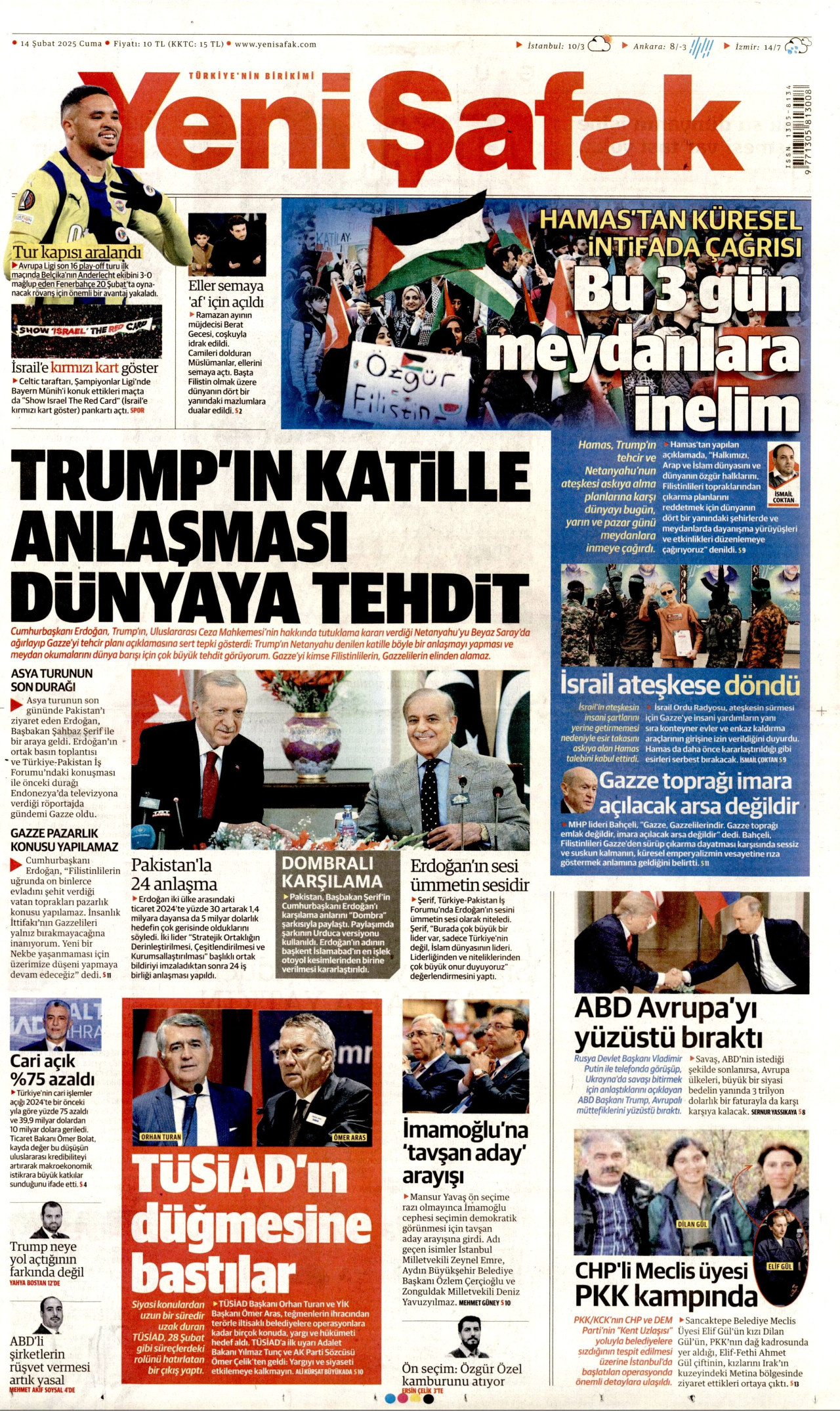 YENİ ŞAFAK gazetesinin 14 Şubat 2025 tarihli birinci sayfası