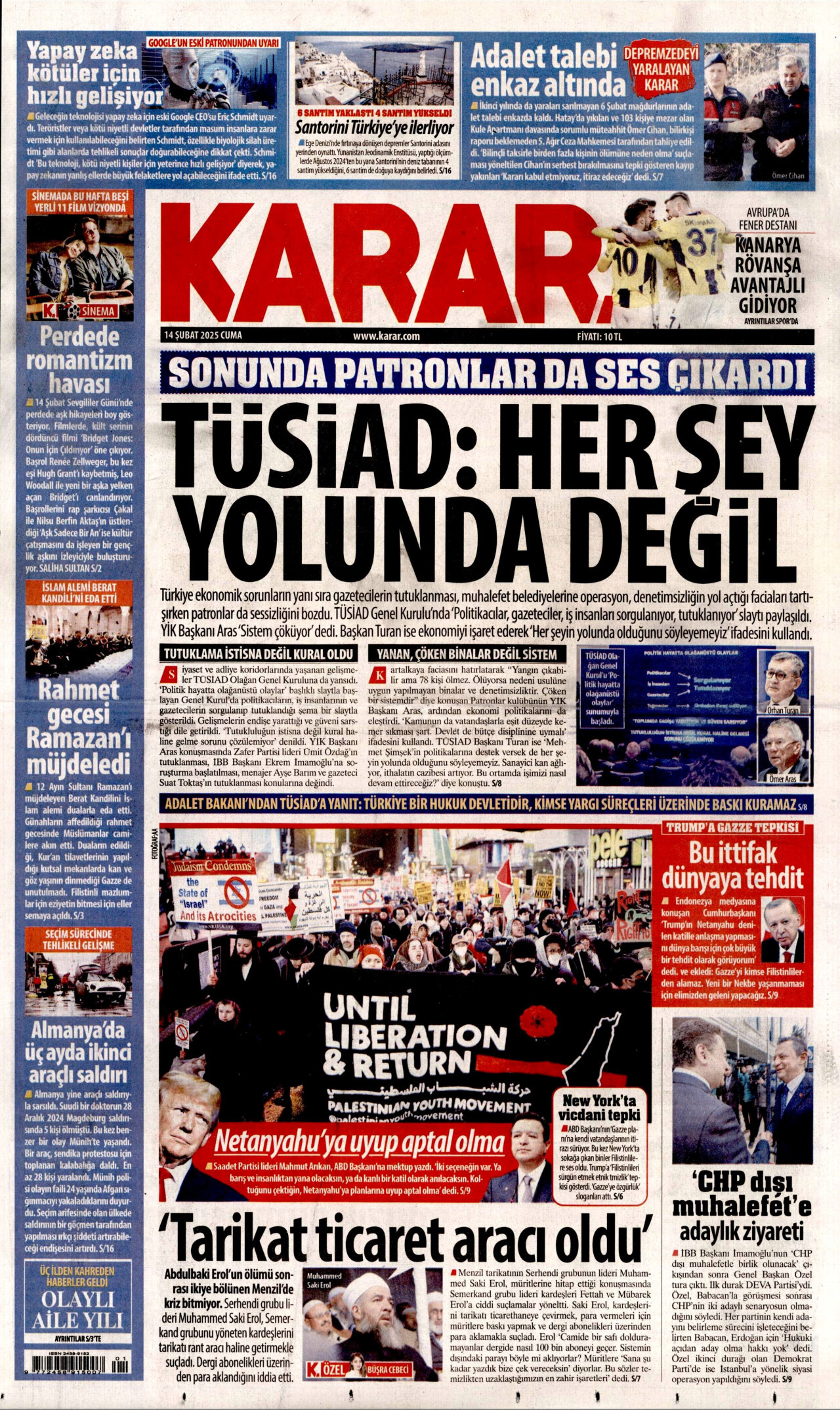KARAR gazetesinin 14 Şubat 2025 tarihli birinci sayfası