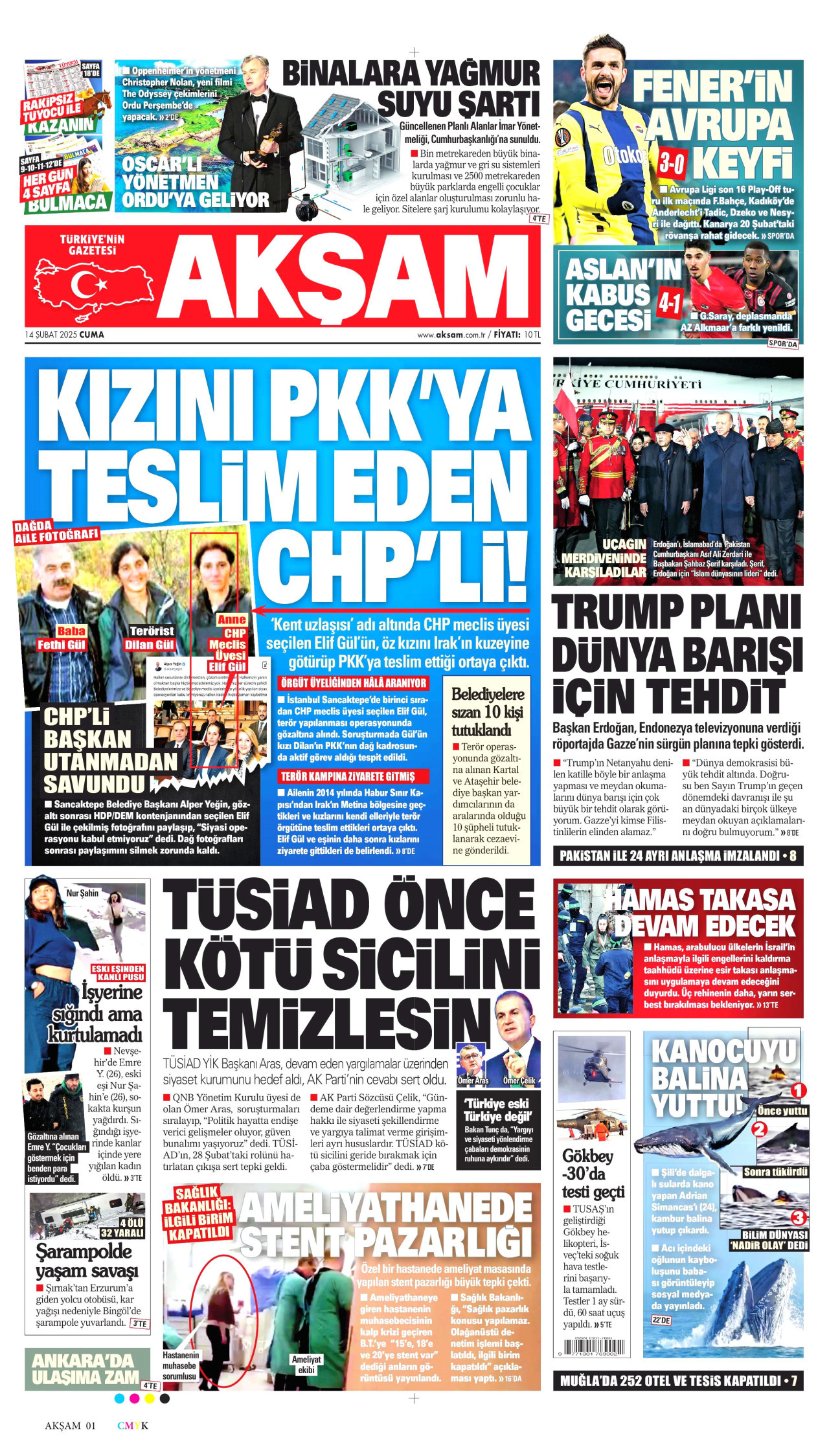 AKŞAM gazetesinin 14 Şubat 2025 tarihli birinci sayfası