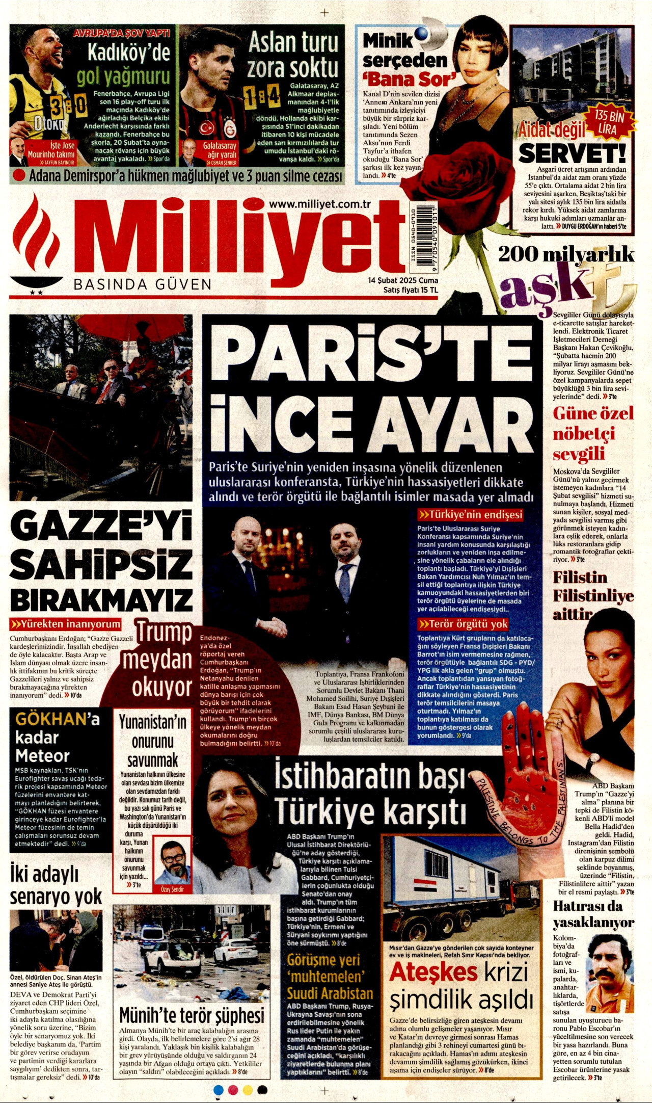 MİLLİYET gazetesinin 14 Şubat 2025 tarihli birinci sayfası