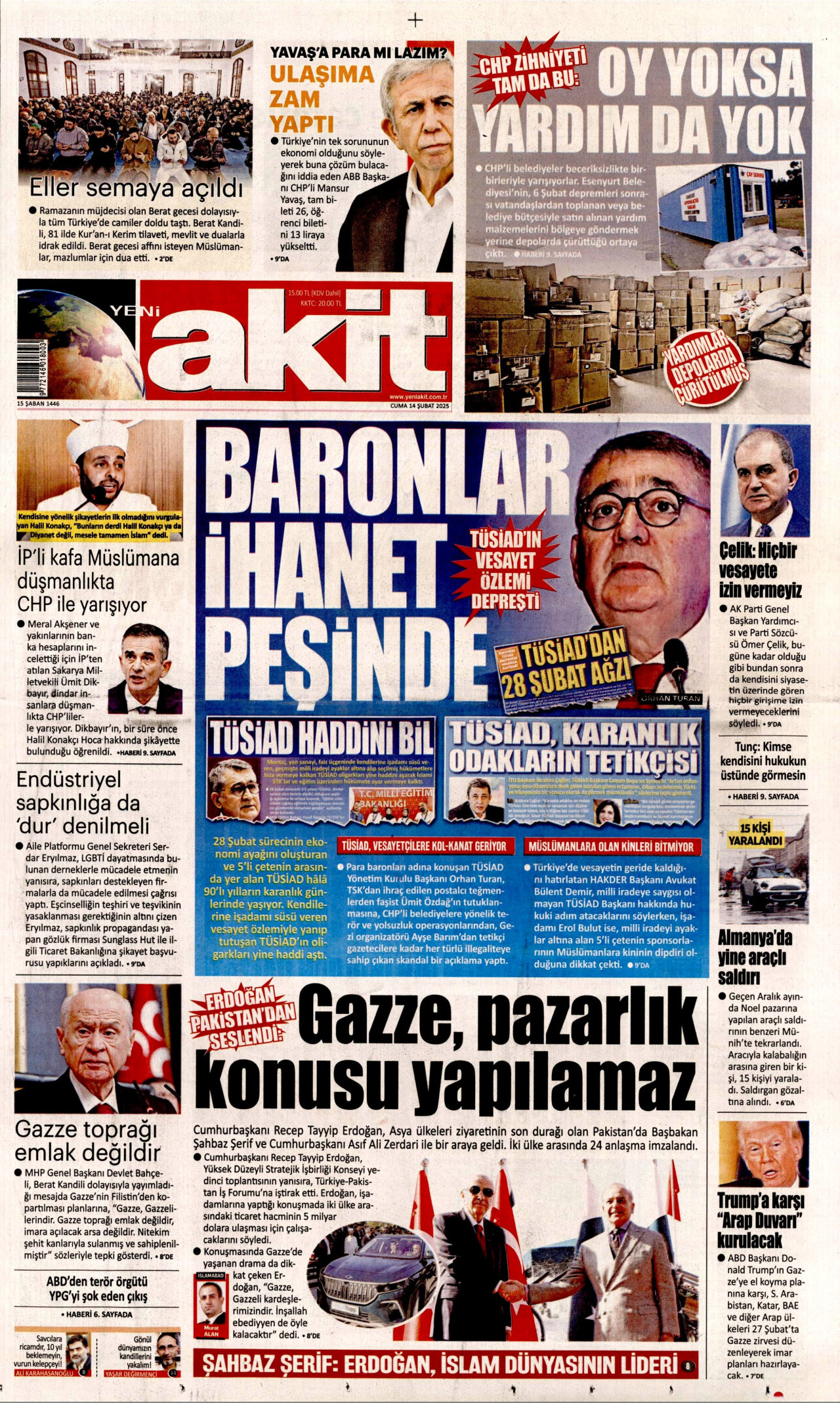 YENİ AKİT gazetesinin 14 Şubat 2025 tarihli birinci sayfası