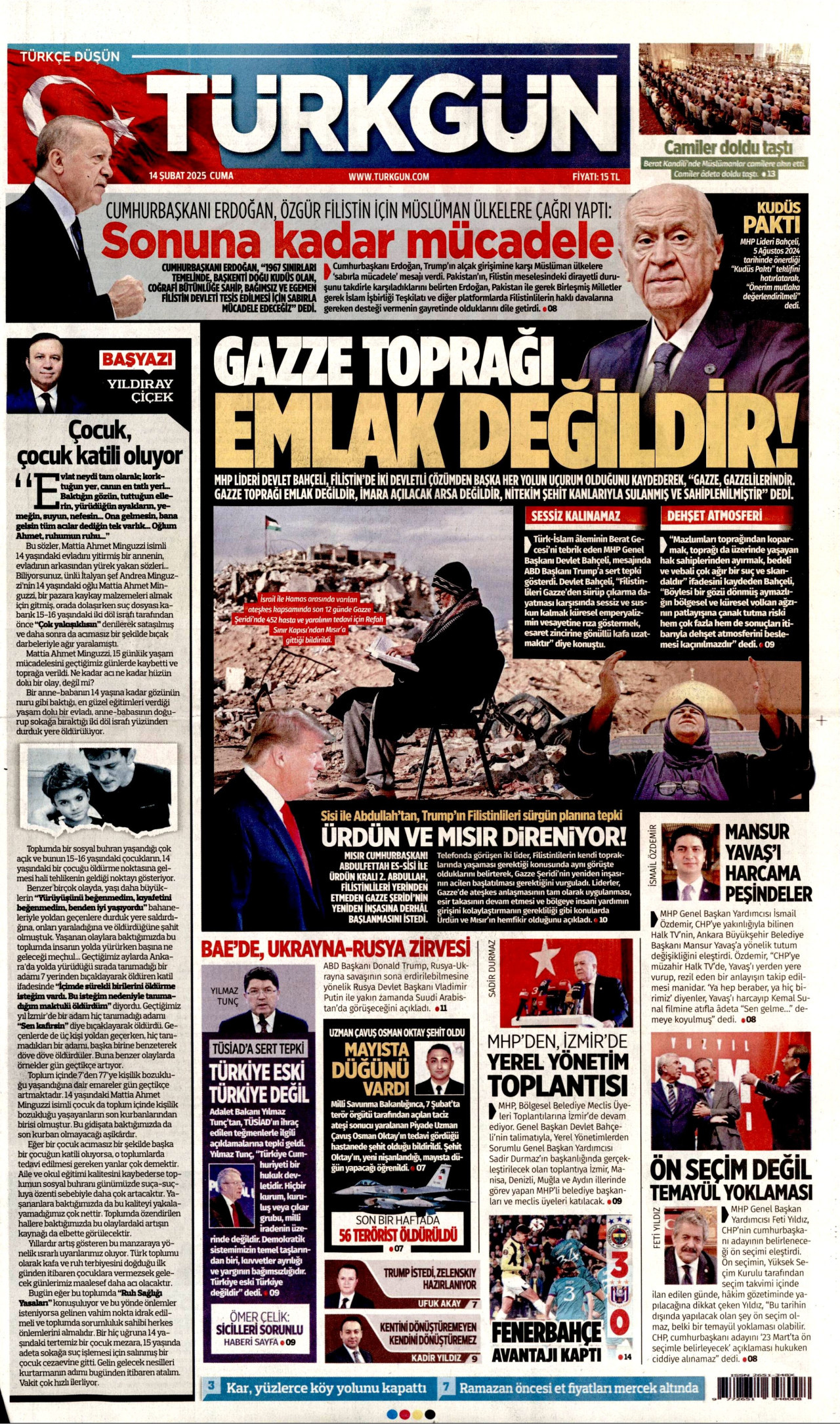 TÜRKGÜN gazetesinin 14 Şubat 2025 tarihli birinci sayfası
