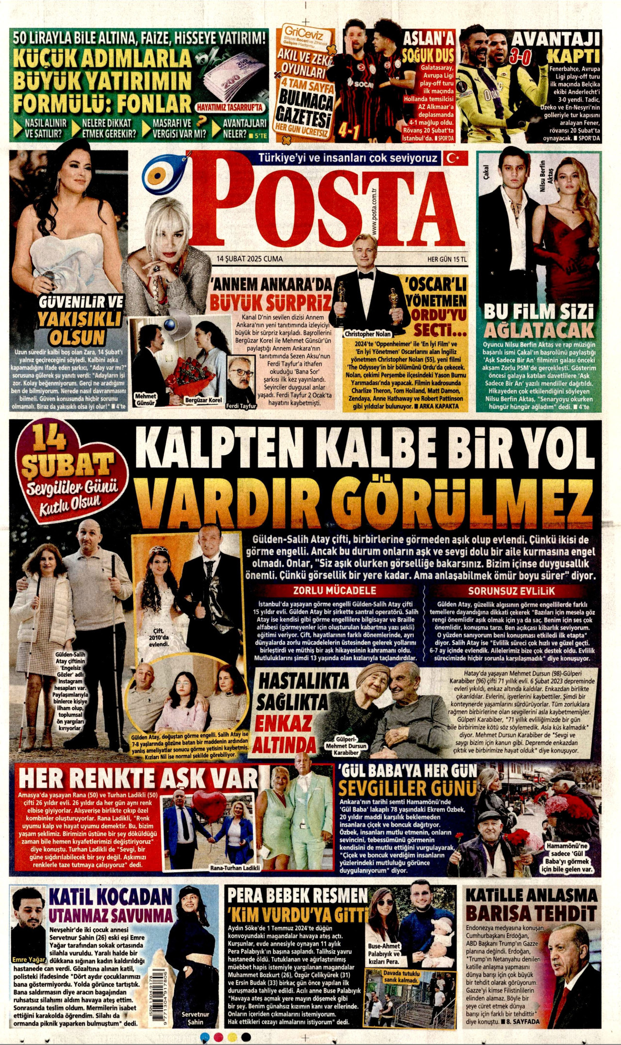 POSTA gazetesinin 14 Şubat 2025 tarihli birinci sayfası