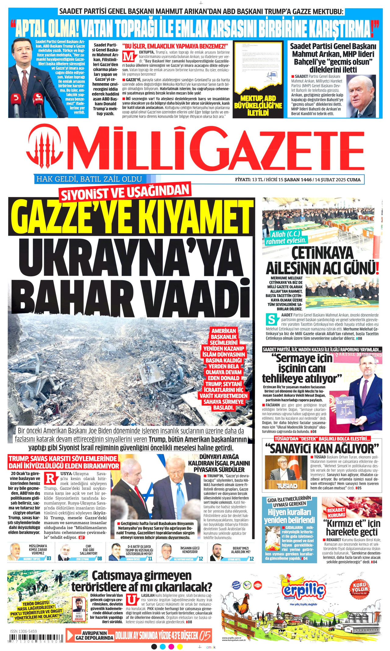 MİLLİ GAZETE gazetesinin 14 Şubat 2025 tarihli birinci sayfası