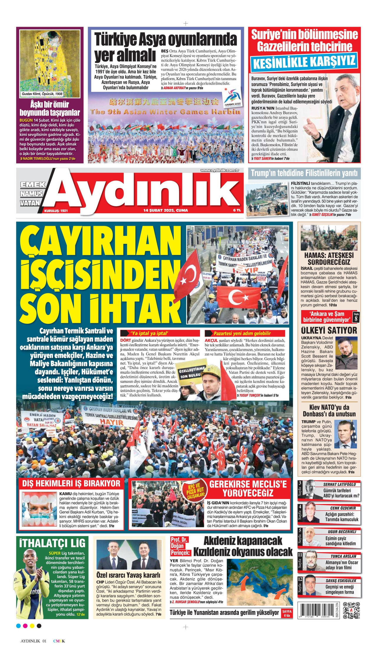AYDINLIK GAZETESİ gazetesinin 14 Şubat 2025 tarihli birinci sayfası
