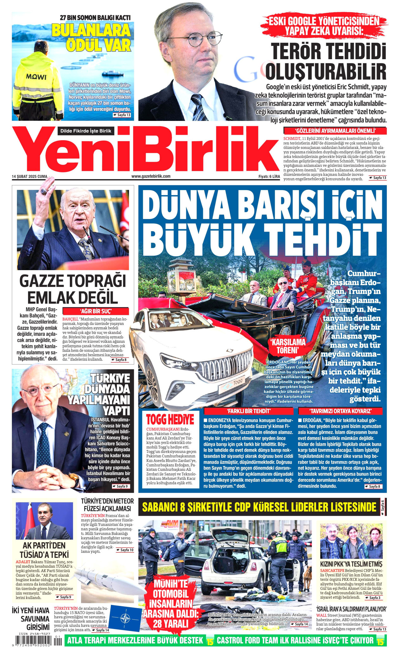 YENİBİRLİK gazetesinin 14 Şubat 2025 tarihli birinci sayfası