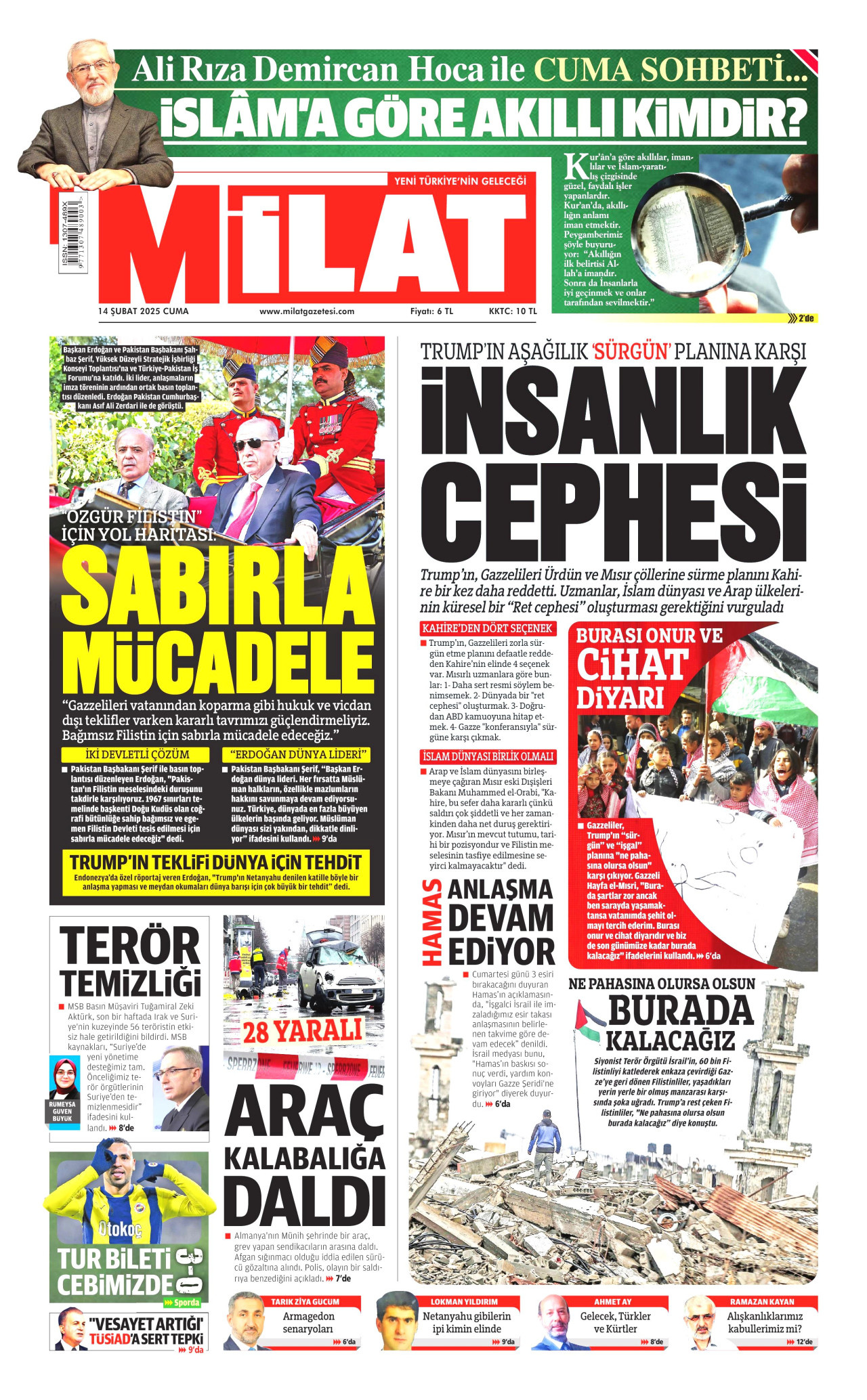MİLAT gazetesinin 14 Şubat 2025 tarihli birinci sayfası