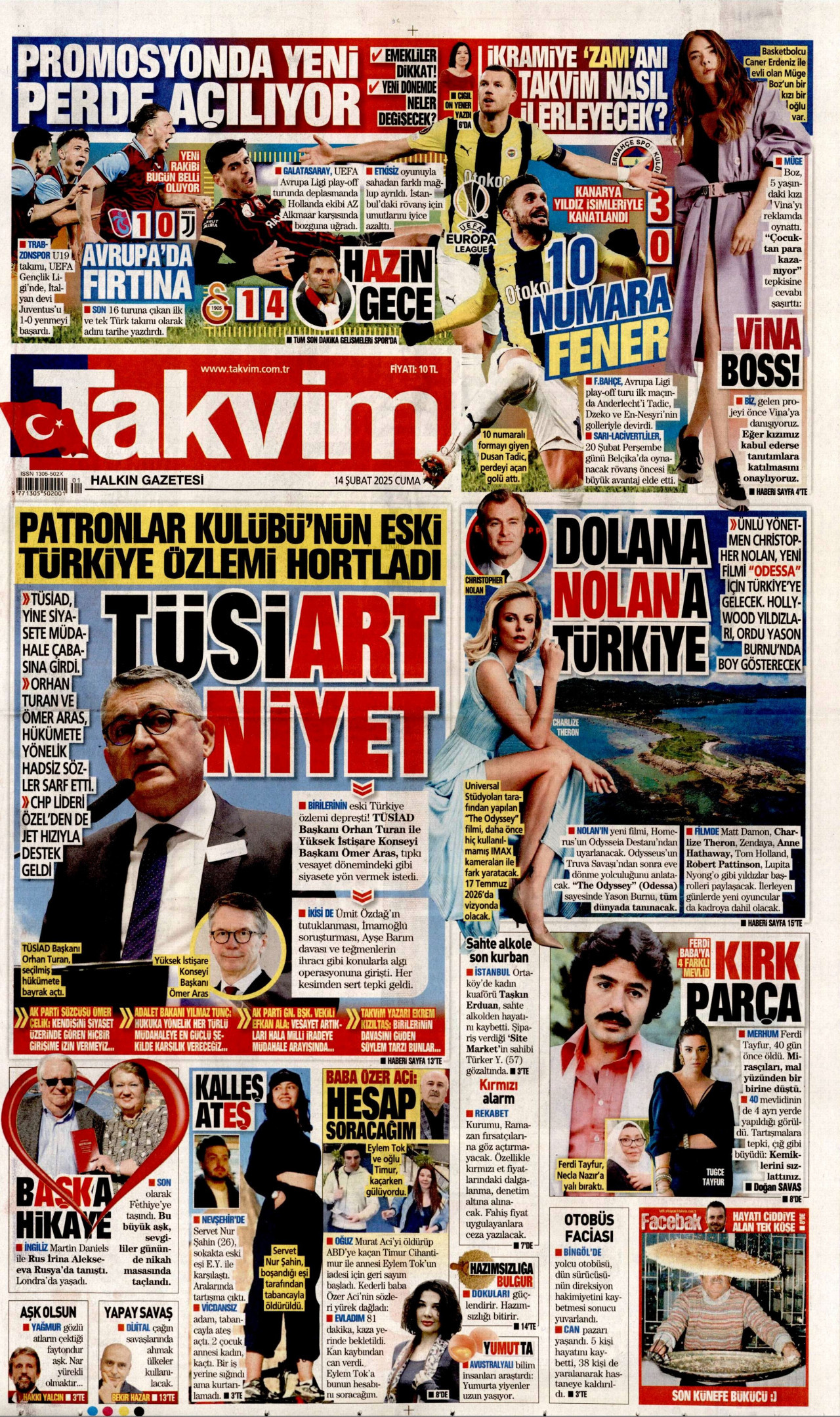 TAKVİM gazetesinin 14 Şubat 2025 tarihli birinci sayfası