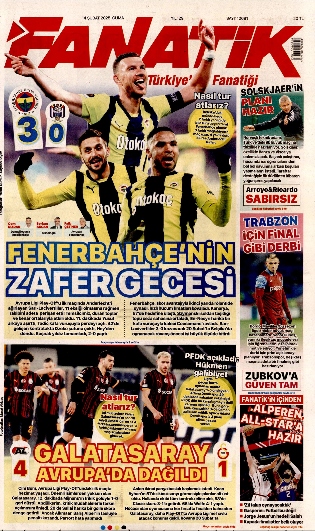 FANATİK gazetesinin 14 Şubat 2025 tarihli birinci sayfası