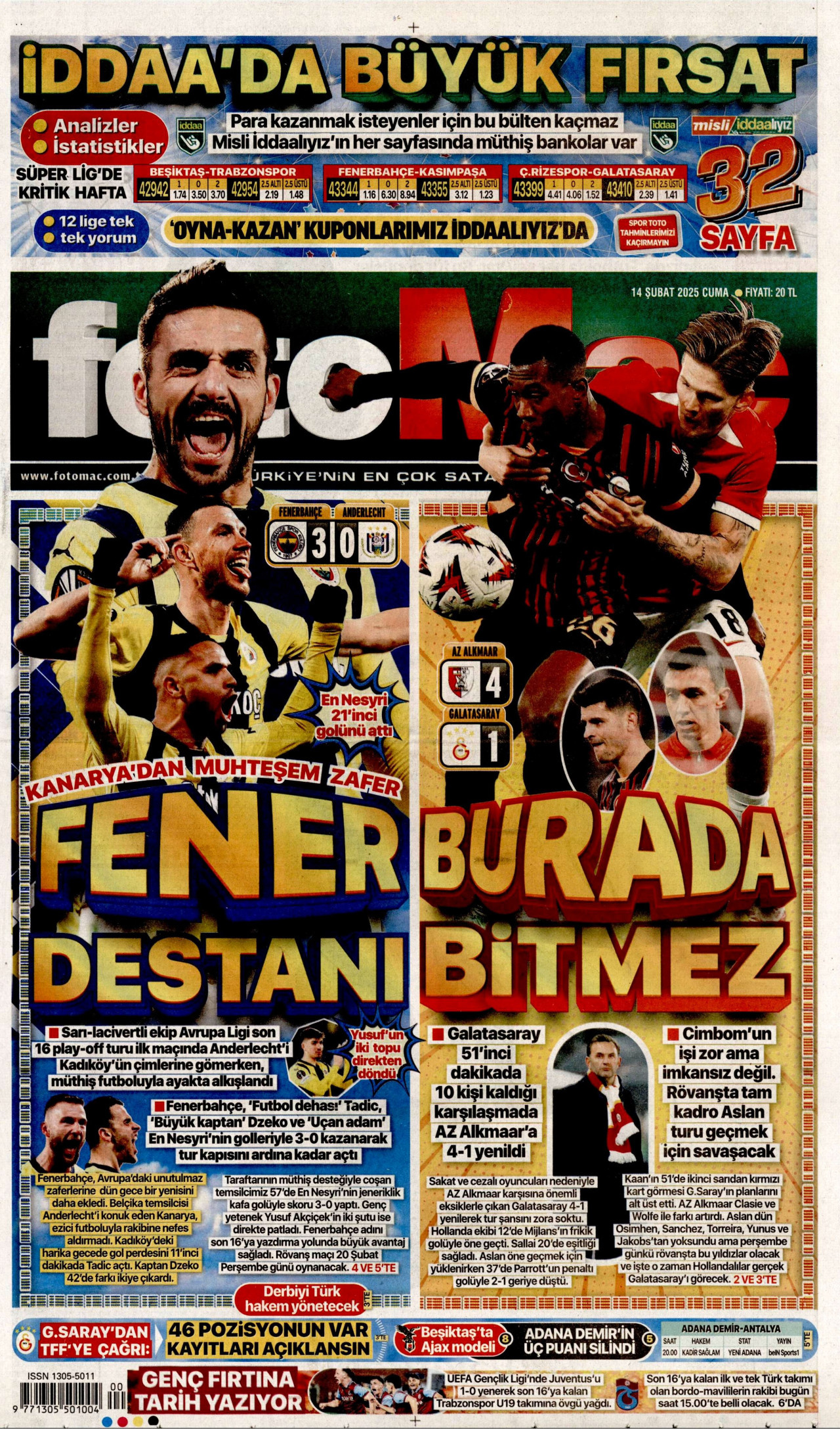 FOTOMAÇ gazetesinin 14 Şubat 2025 tarihli birinci sayfası