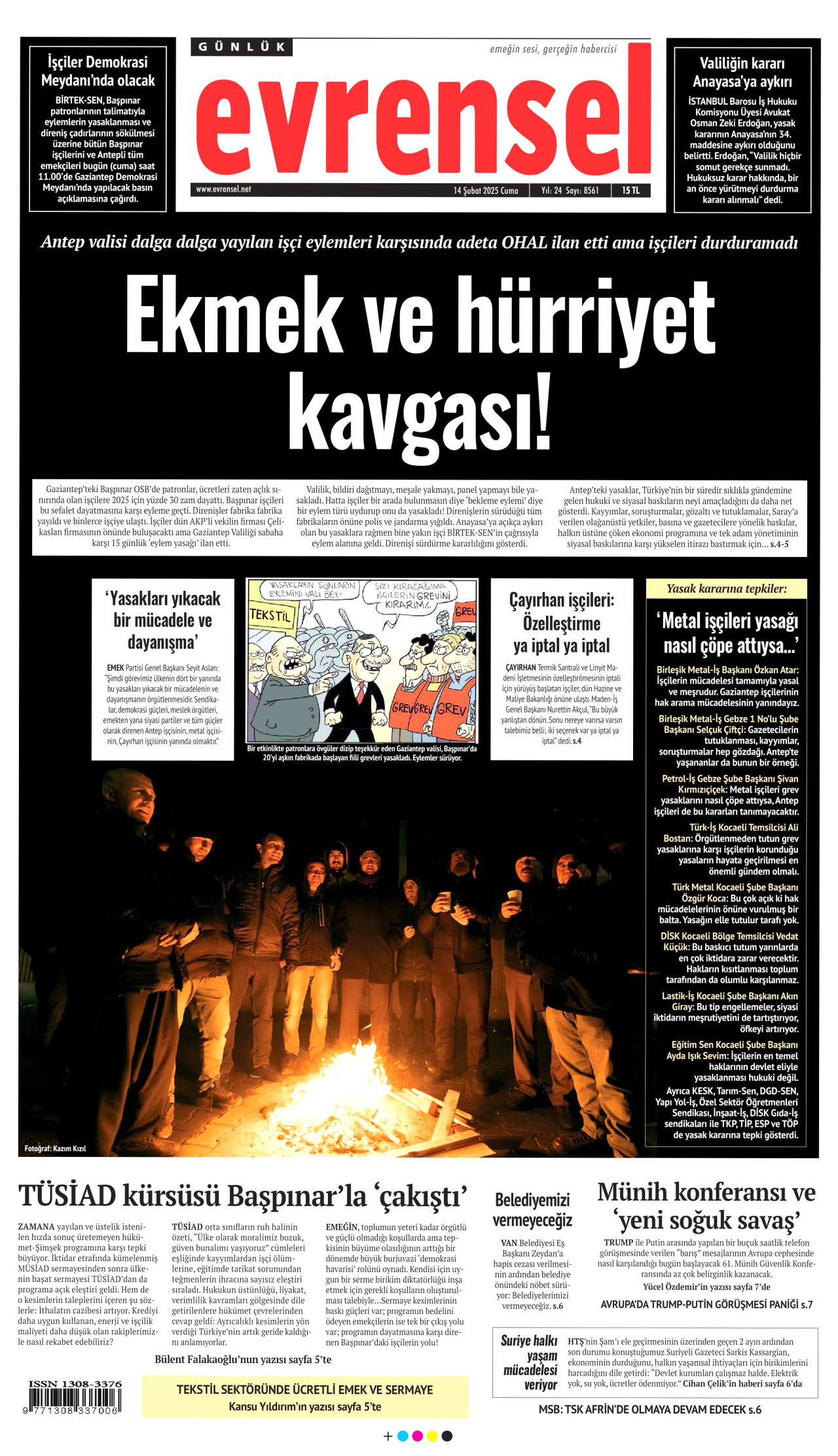EVRENSEL gazetesinin 14 Şubat 2025 tarihli birinci sayfası