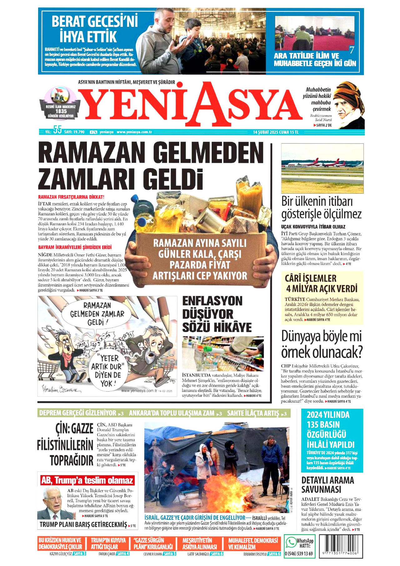 YENİ ASYA gazetesinin 14 Şubat 2025 tarihli birinci sayfası
