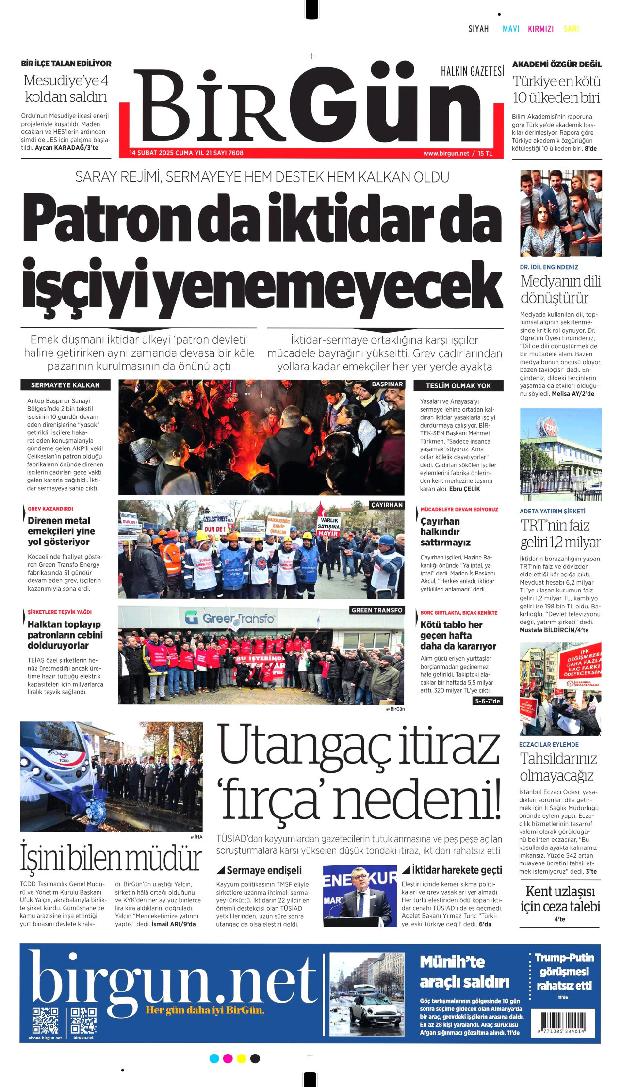 BİRGÜN gazetesinin 14 Şubat 2025 tarihli birinci sayfası