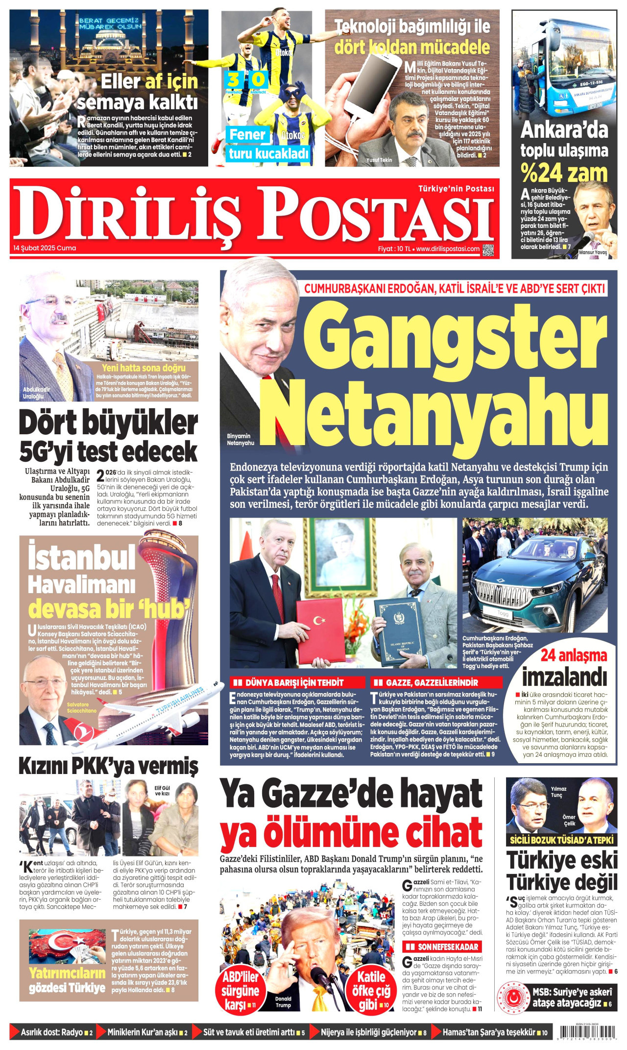 DİRİLİŞ POSTASI gazetesinin 14 Şubat 2025 tarihli birinci sayfası
