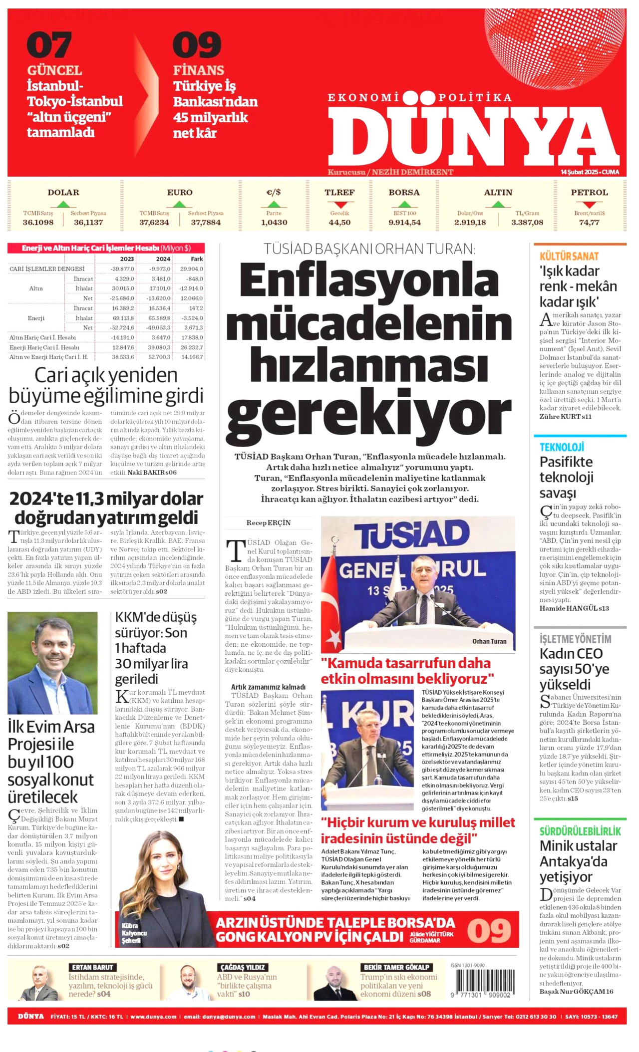 DÜNYA gazetesinin 14 Şubat 2025 tarihli birinci sayfası