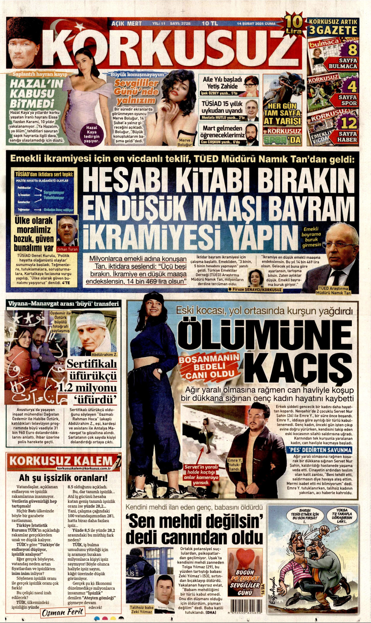 KORKUSUZ gazetesinin 14 Şubat 2025 tarihli birinci sayfası