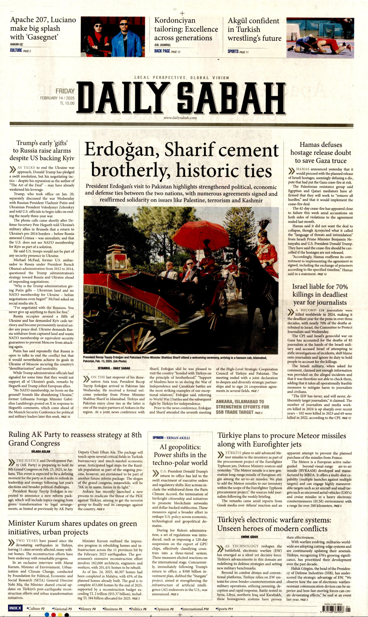 DAİLY SABAH gazetesinin 14 Şubat 2025 tarihli birinci sayfası