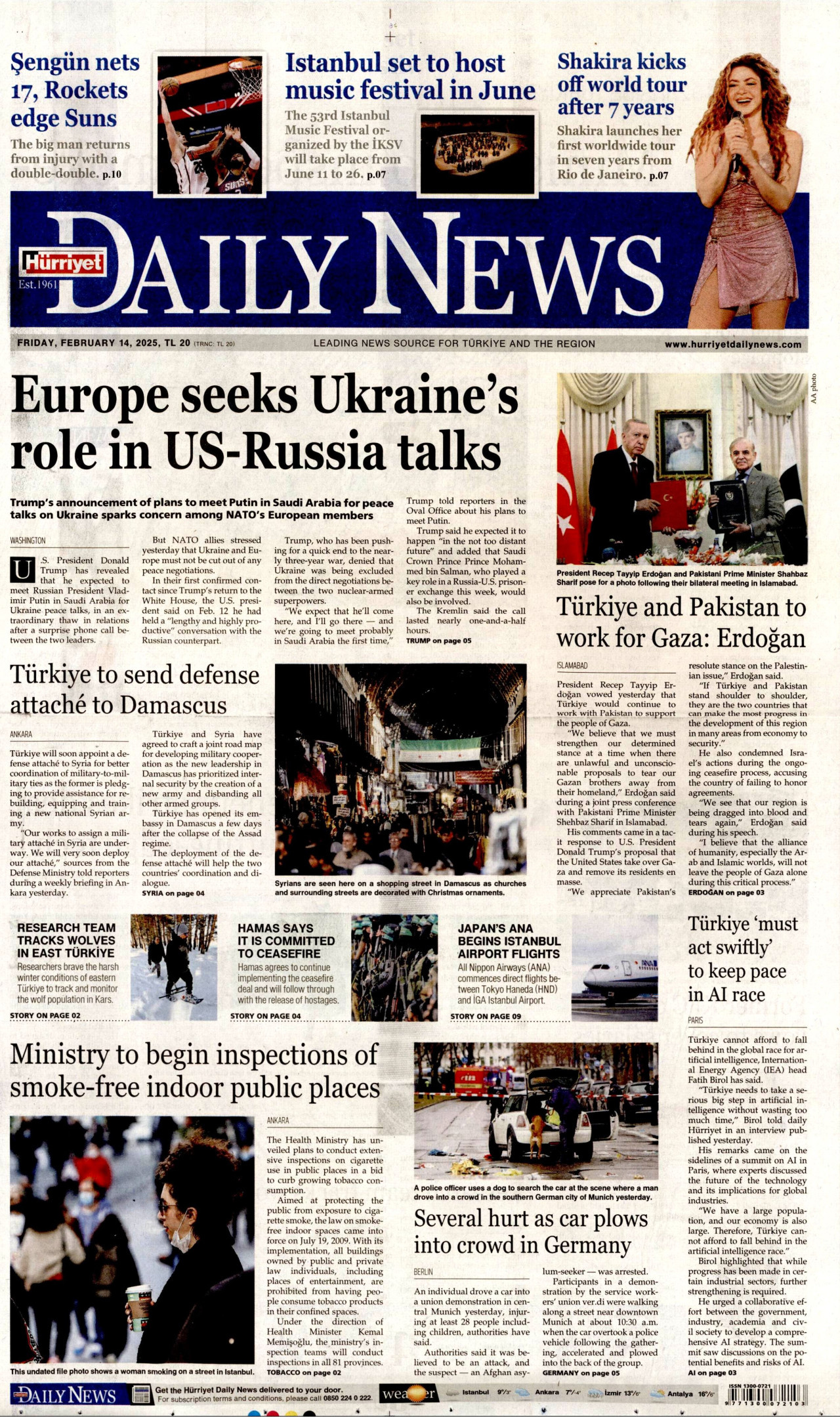 HÜRRİYET DAİLY NEWS gazetesinin 14 Şubat 2025 tarihli birinci sayfası