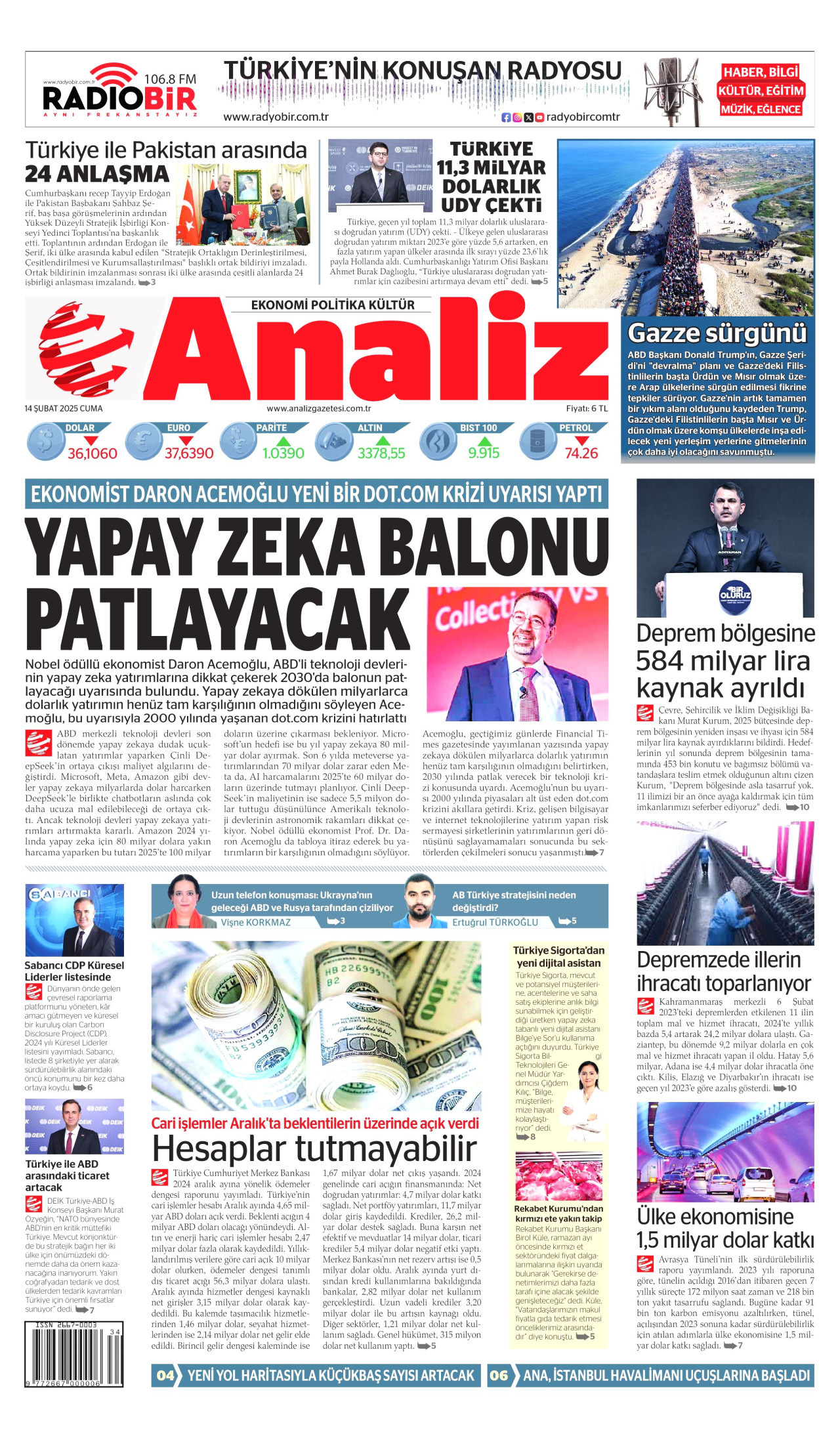 ANALİZ gazetesinin 14 Şubat 2025 tarihli birinci sayfası