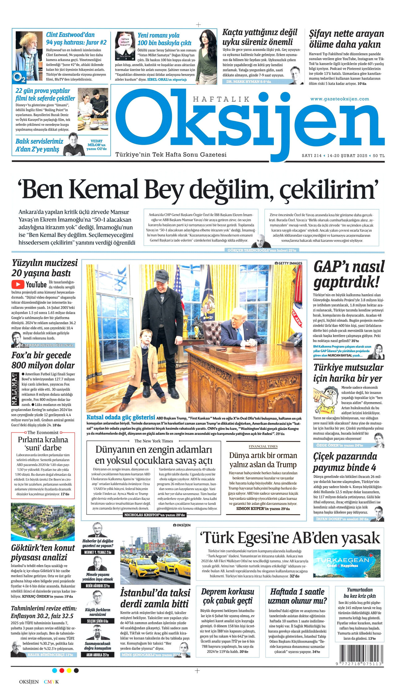 OKSİJEN gazetesinin 14 Şubat 2025 tarihli birinci sayfası