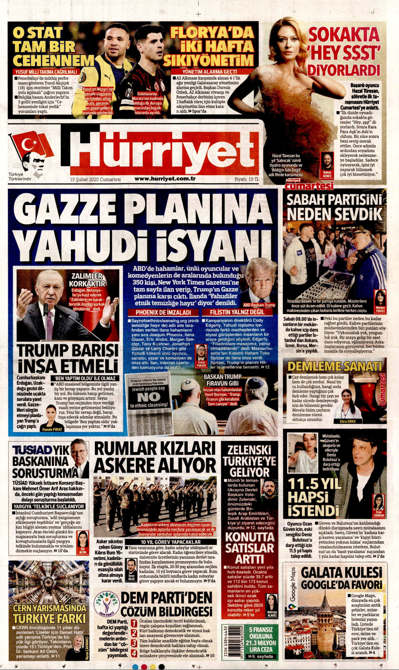 HÜRRİYET gazetesinin 15 Şubat 2025 tarihli birinci sayfası