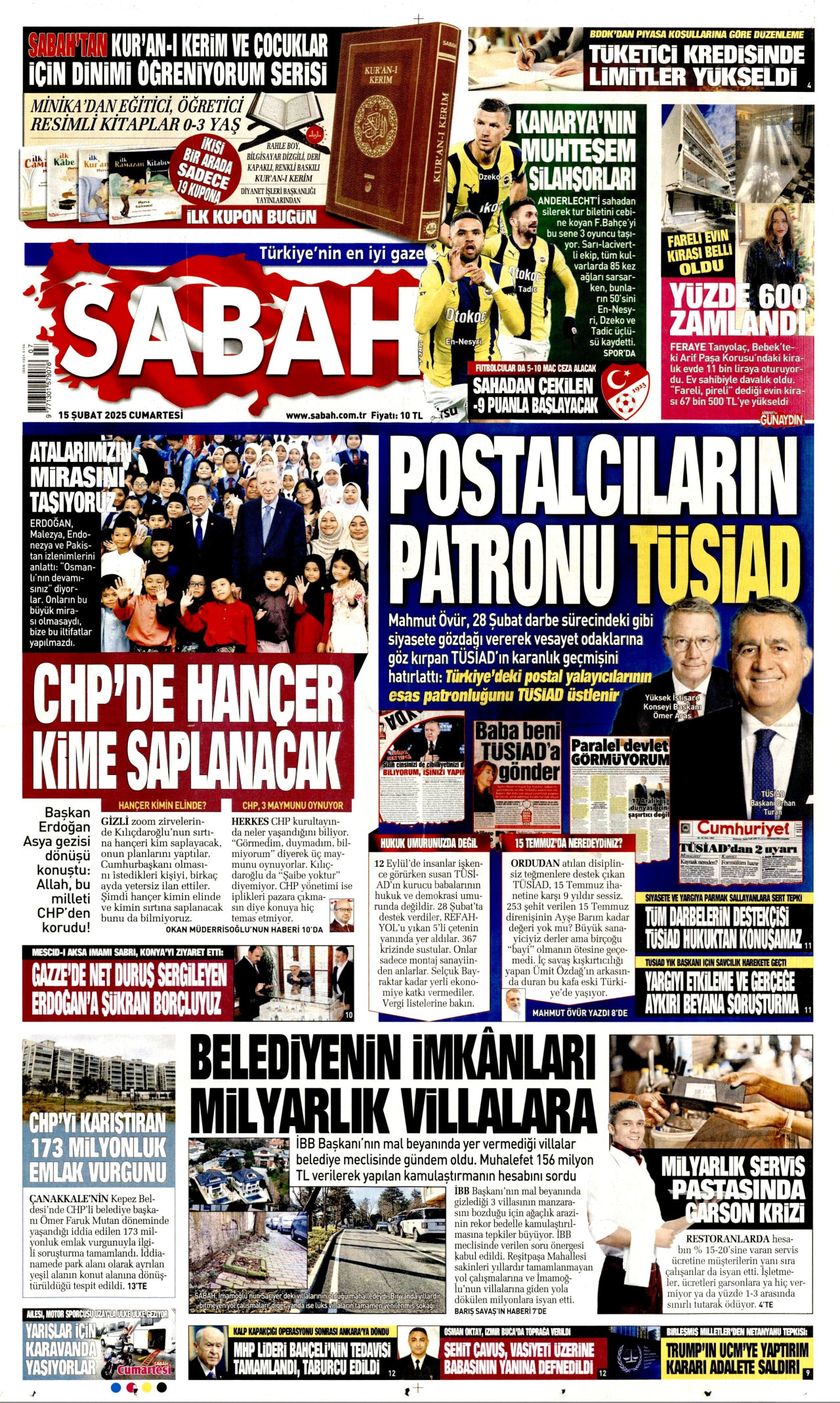 SABAH gazetesinin 15 Şubat 2025 tarihli birinci sayfası