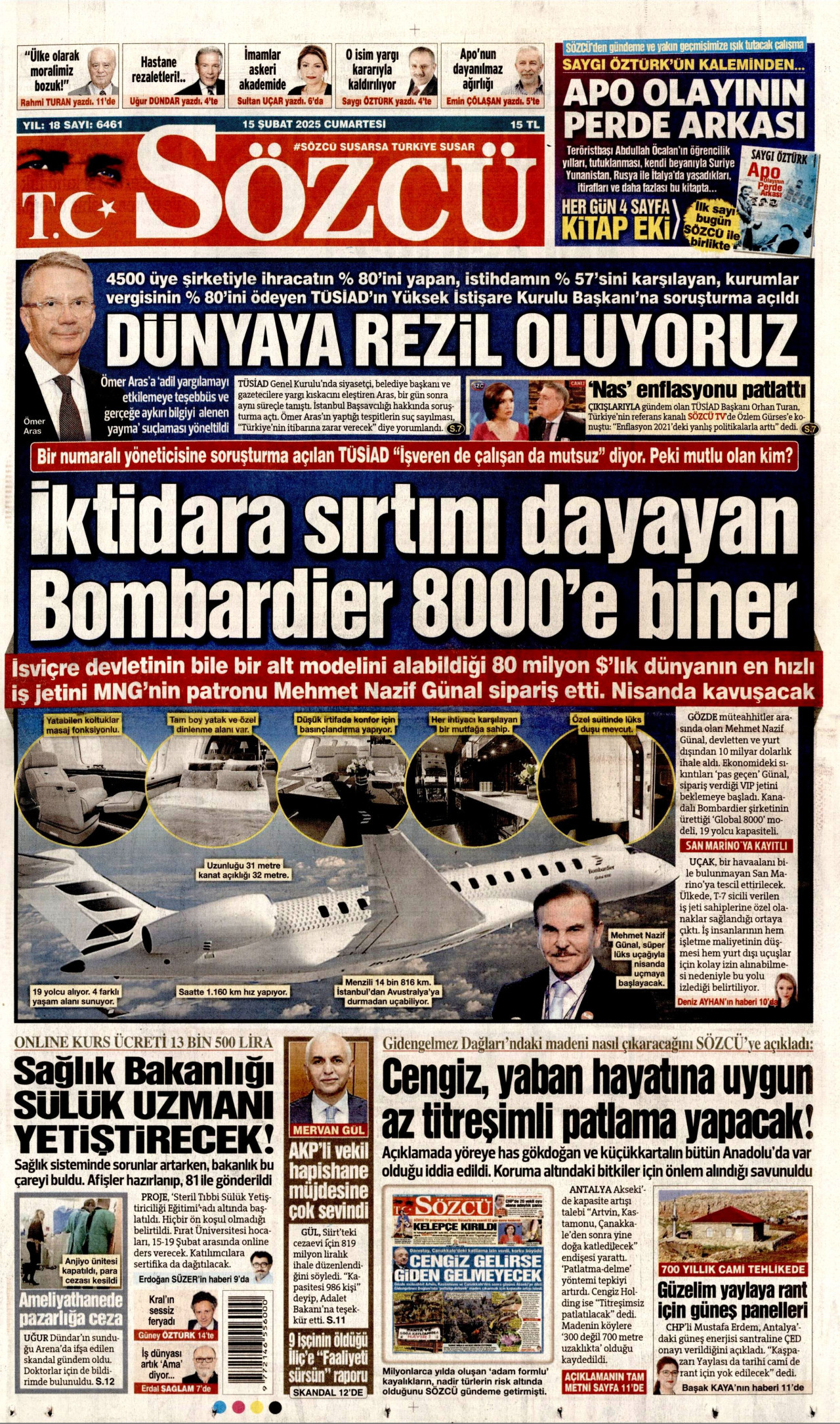 SÖZCÜ gazetesinin 15 Şubat 2025 tarihli birinci sayfası