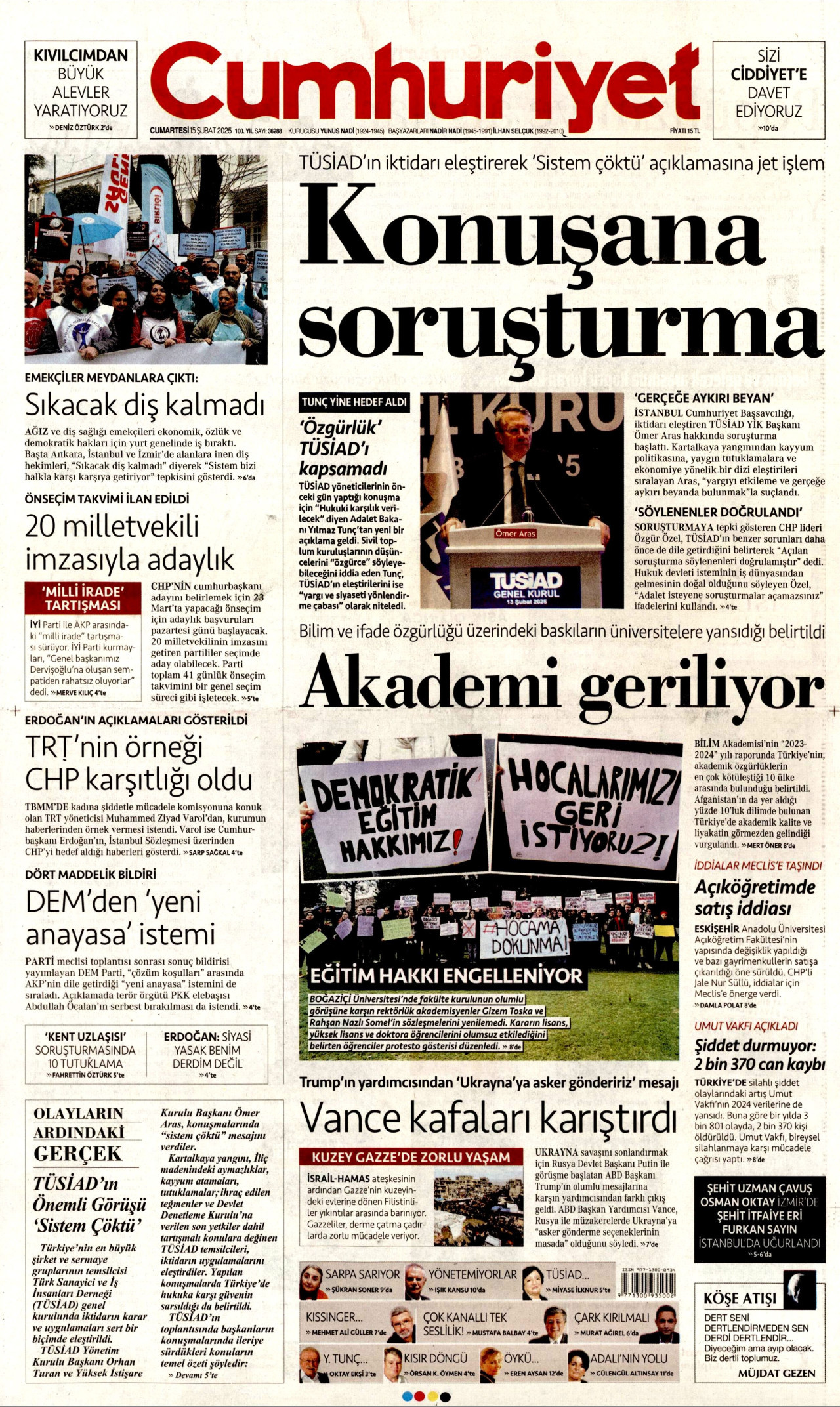 CUMHURİYET gazetesinin 15 Şubat 2025 tarihli birinci sayfası