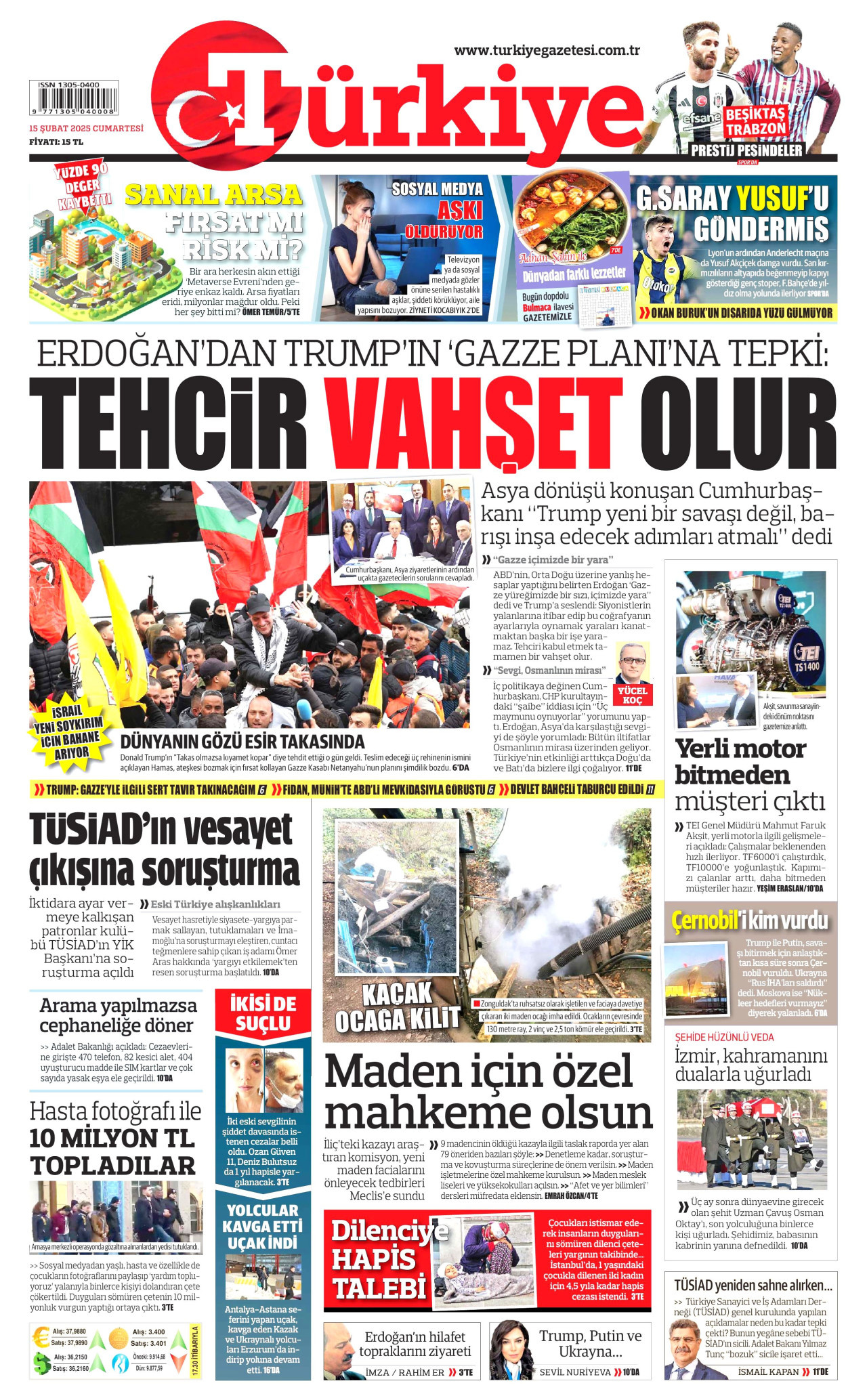 TÜRKİYE GAZETESİ gazetesinin 15 Şubat 2025 tarihli birinci sayfası