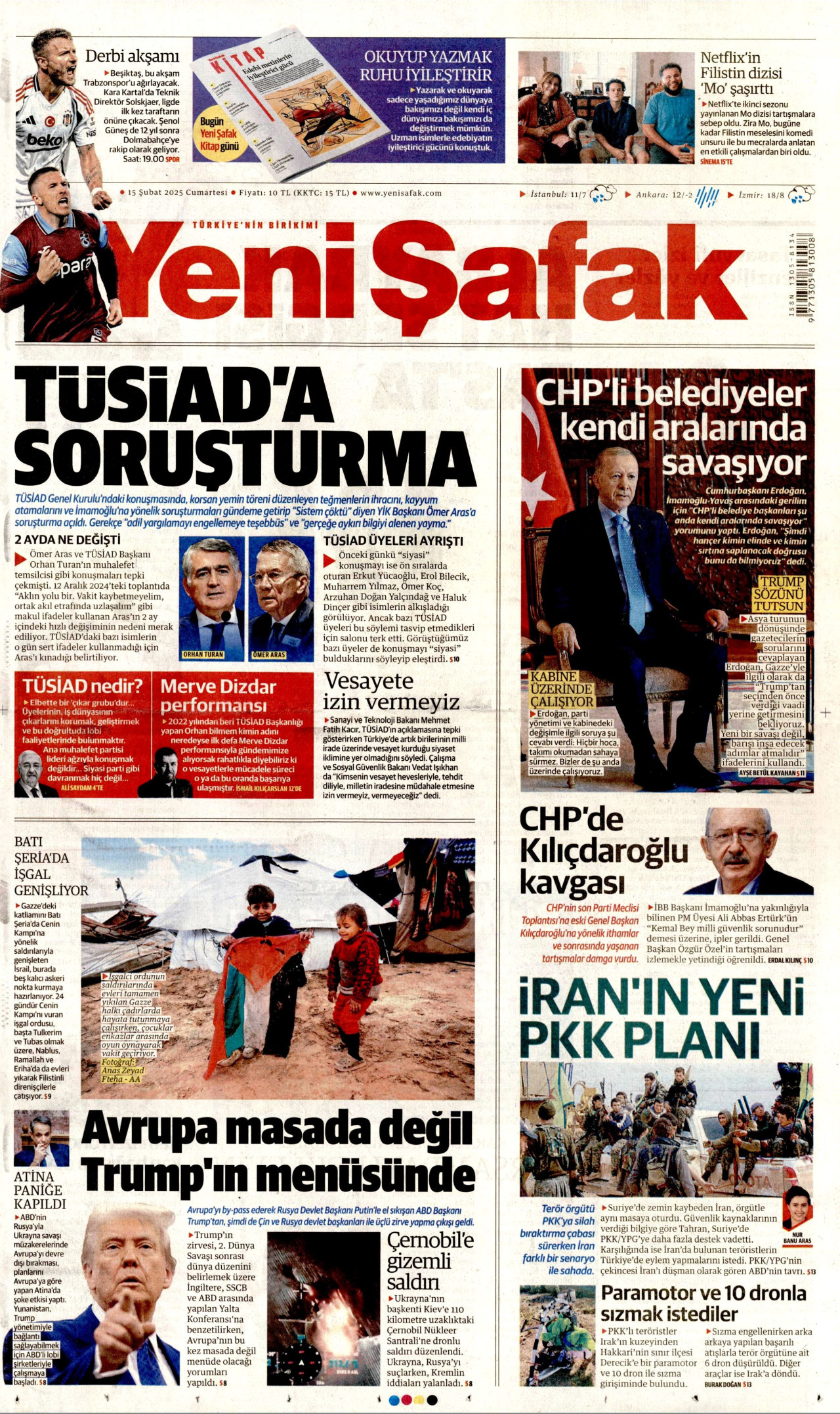 YENİ ŞAFAK gazetesinin 15 Şubat 2025 tarihli birinci sayfası