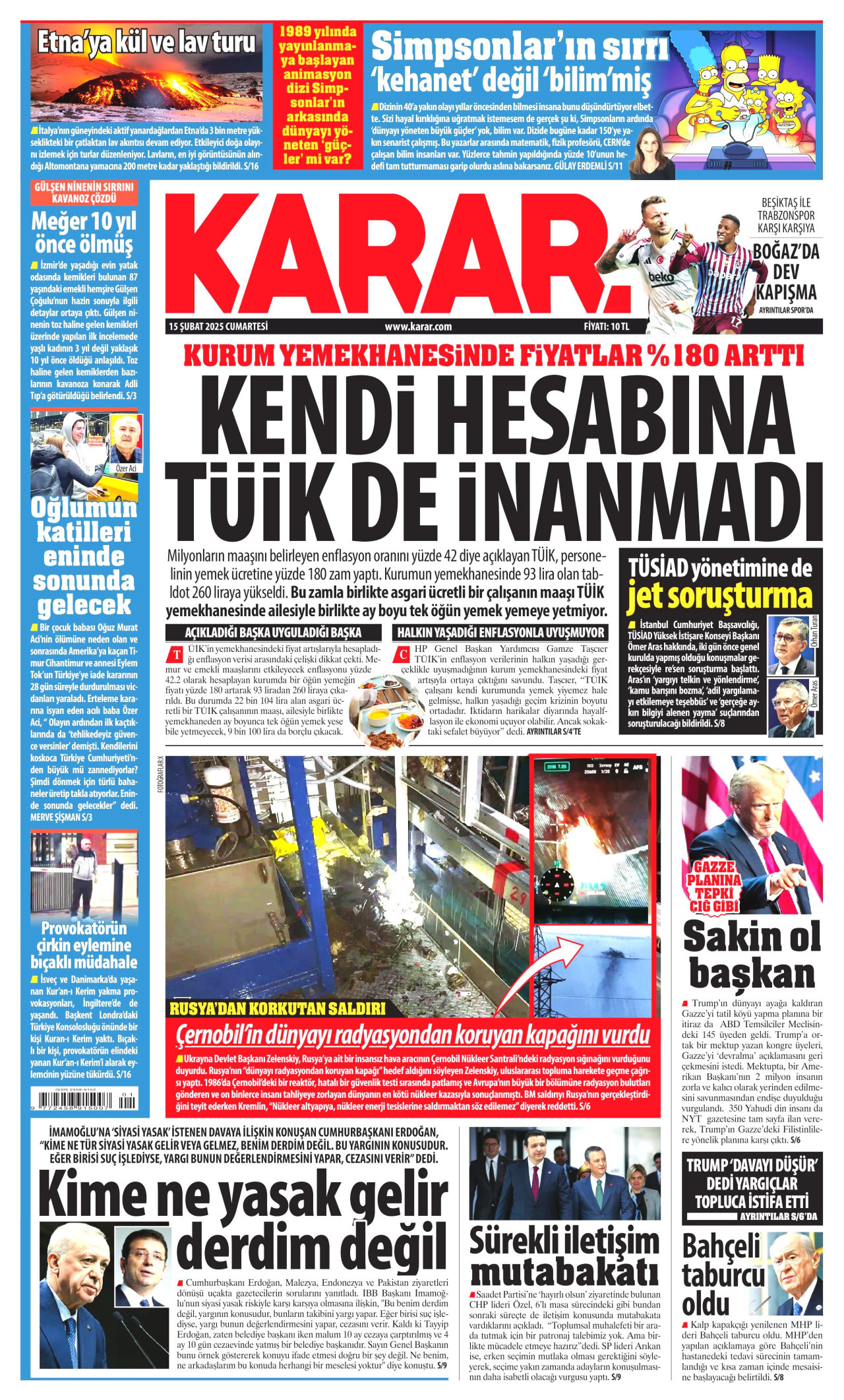 KARAR gazetesinin 15 Şubat 2025 tarihli birinci sayfası