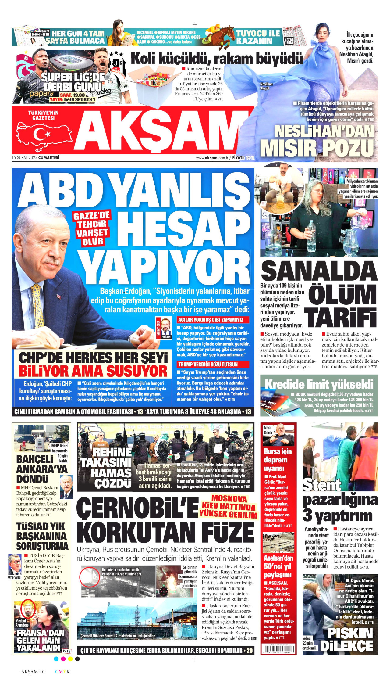 AKŞAM gazetesinin 15 Şubat 2025 tarihli birinci sayfası