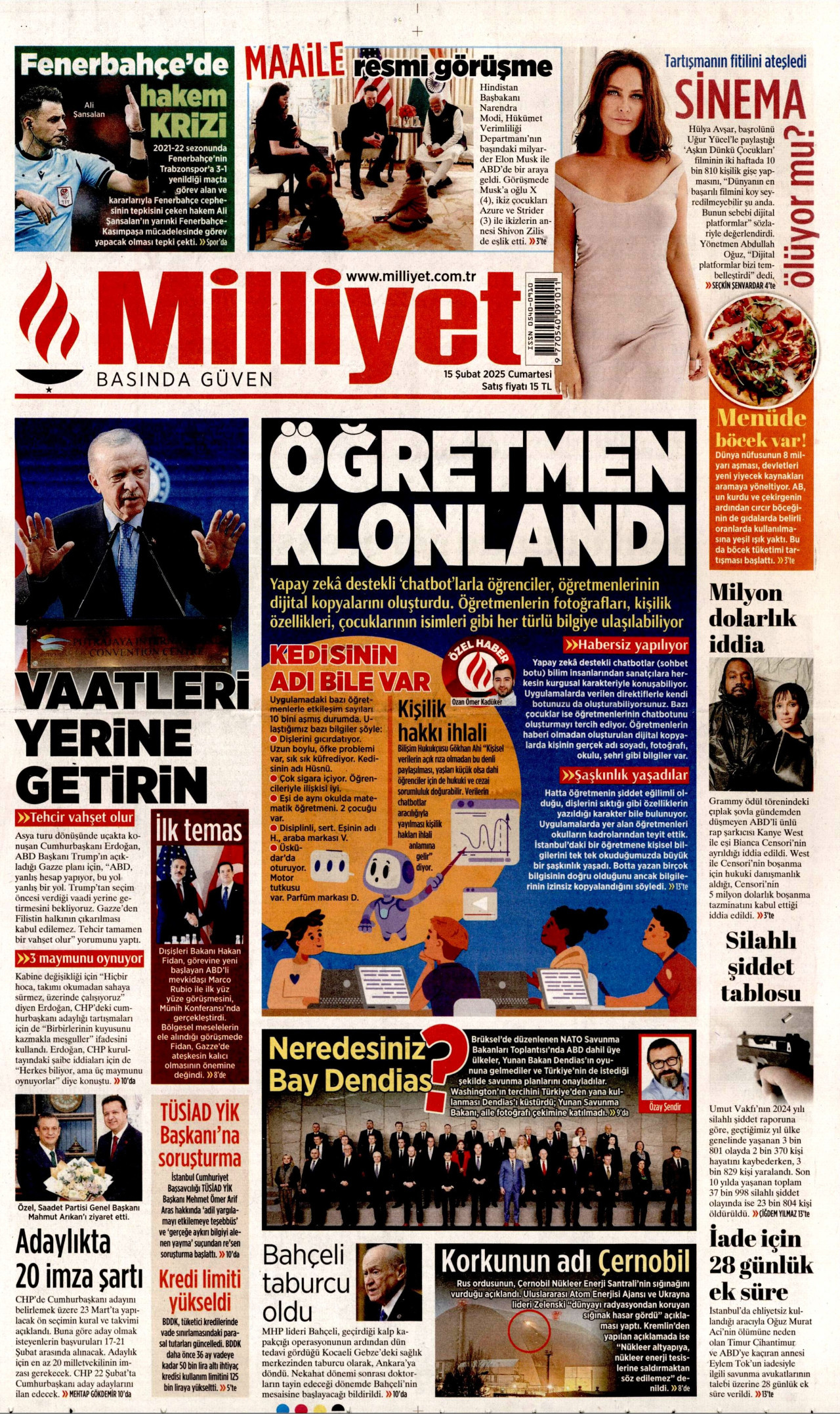 MİLLİYET gazetesinin 15 Şubat 2025 tarihli birinci sayfası