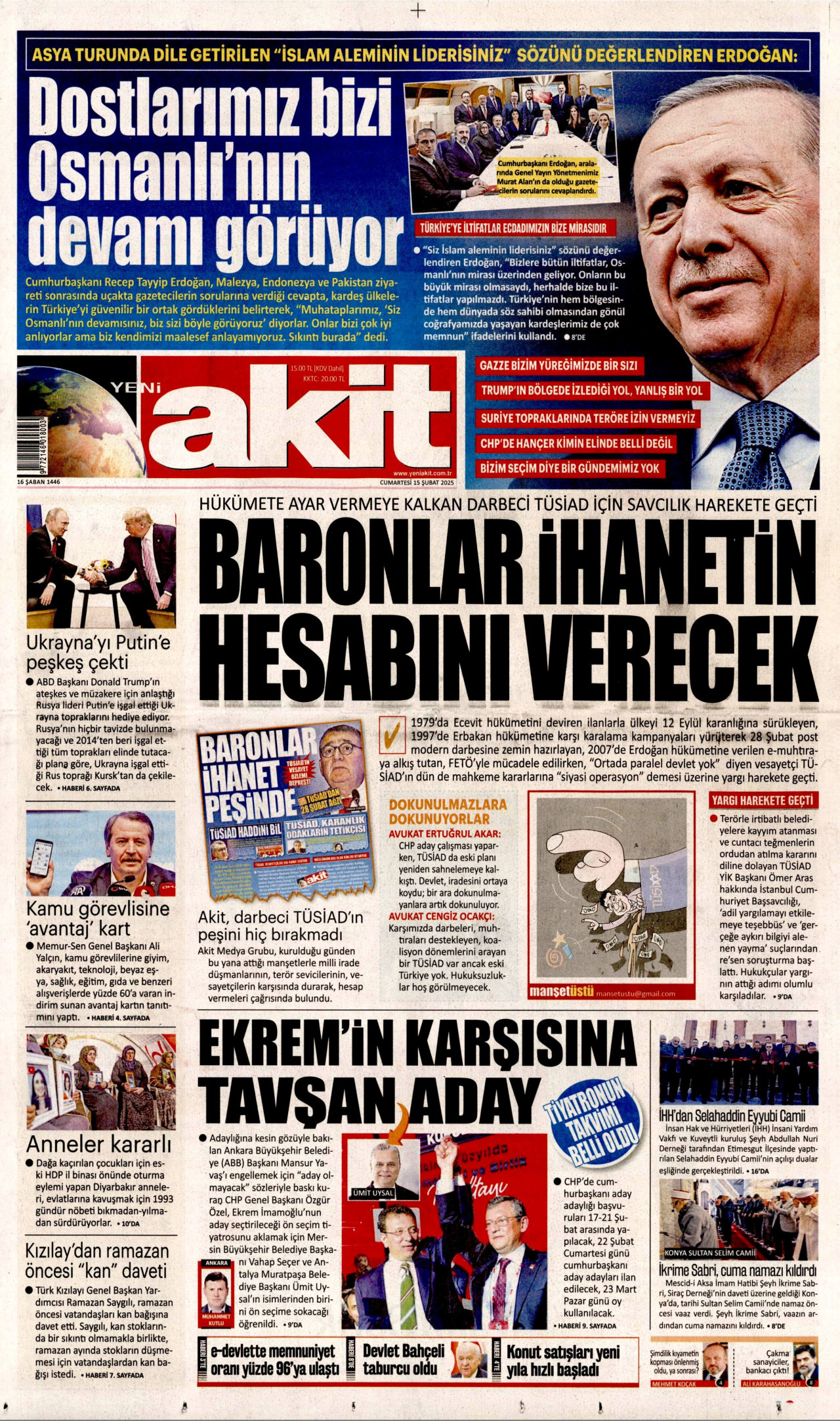 YENİ AKİT gazetesinin 15 Şubat 2025 tarihli birinci sayfası