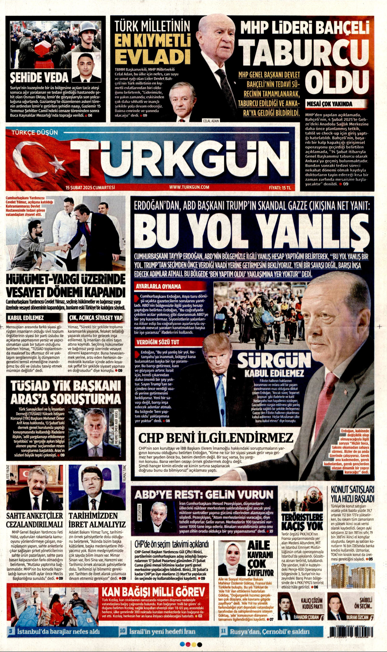 TÜRKGÜN gazetesinin 15 Şubat 2025 tarihli birinci sayfası
