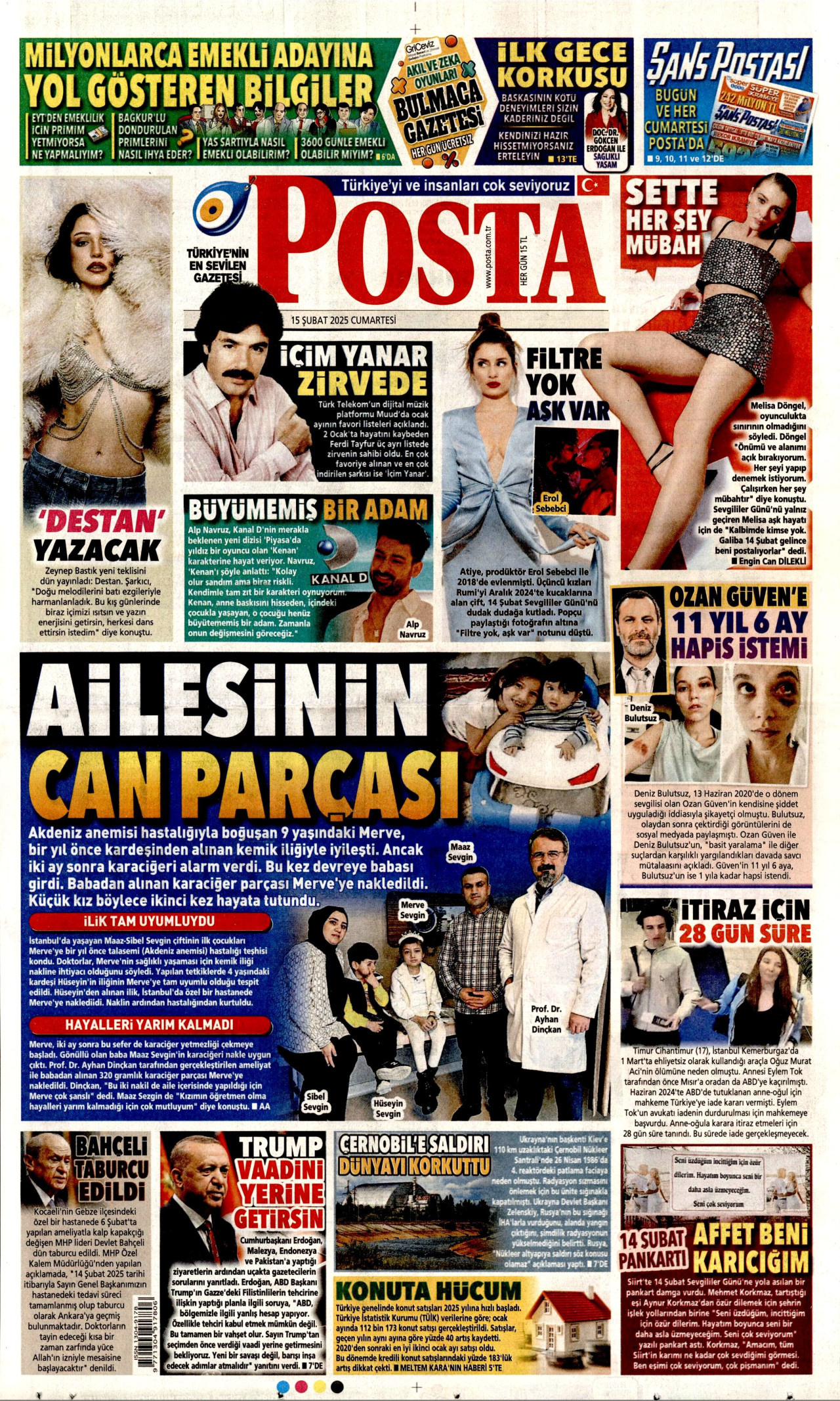 POSTA gazetesinin 15 Şubat 2025 tarihli birinci sayfası