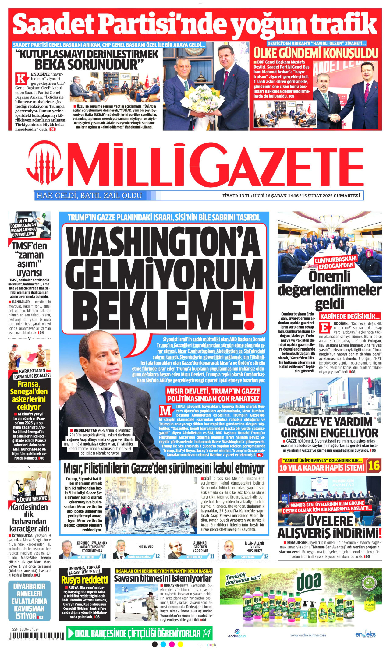 MİLLİ GAZETE gazetesinin 15 Şubat 2025 tarihli birinci sayfası
