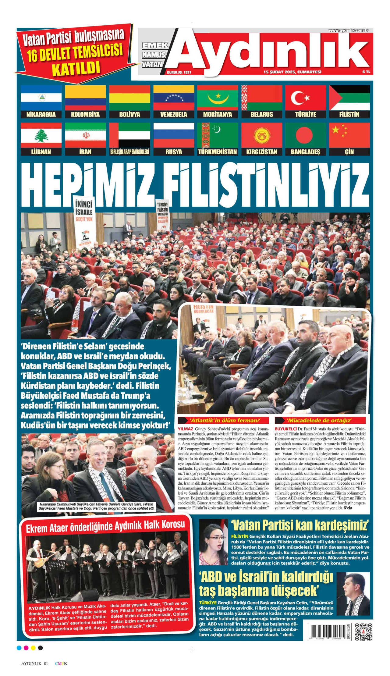 AYDINLIK GAZETESİ gazetesinin 15 Şubat 2025 tarihli birinci sayfası