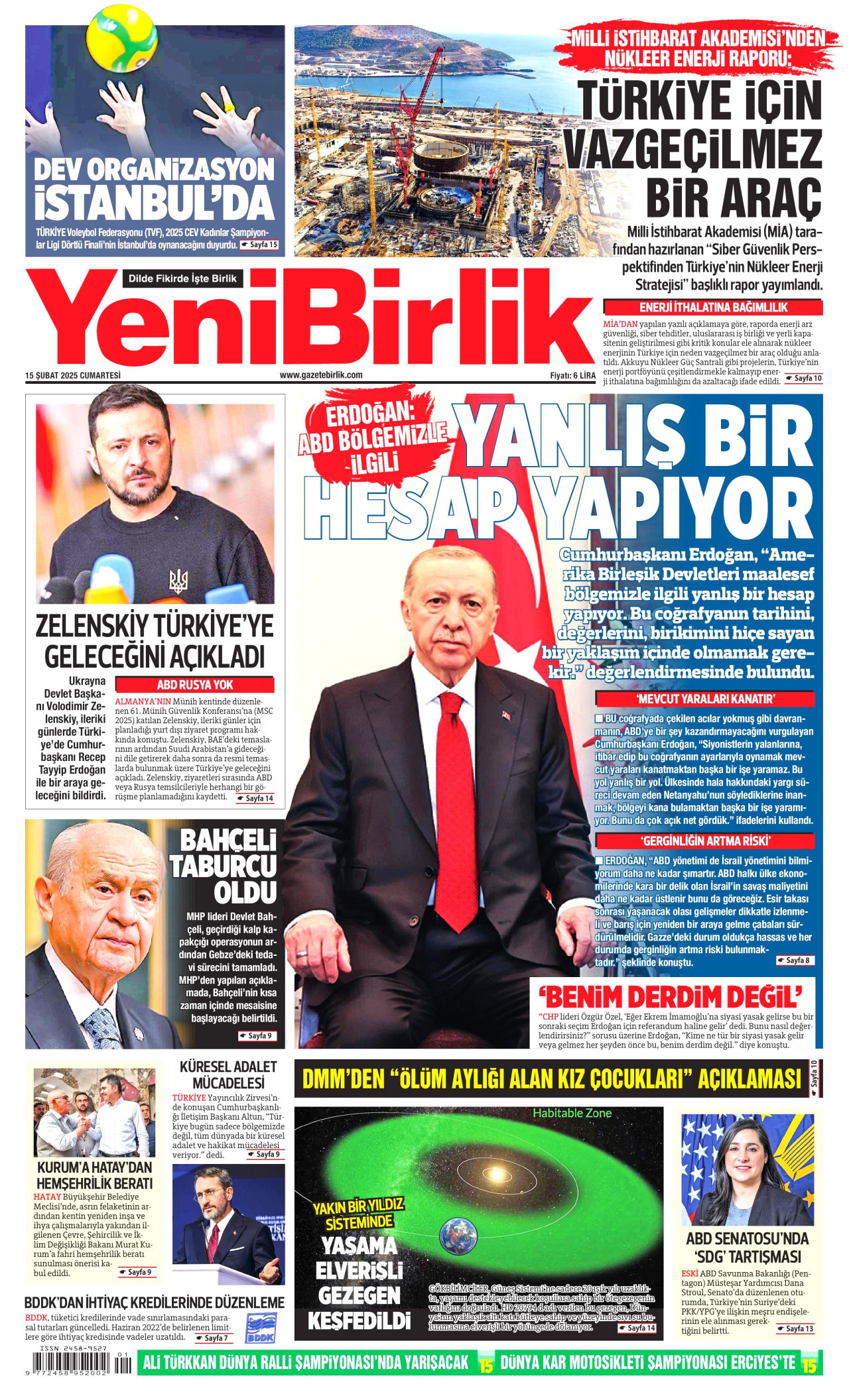YENİBİRLİK gazetesinin 15 Şubat 2025 tarihli birinci sayfası