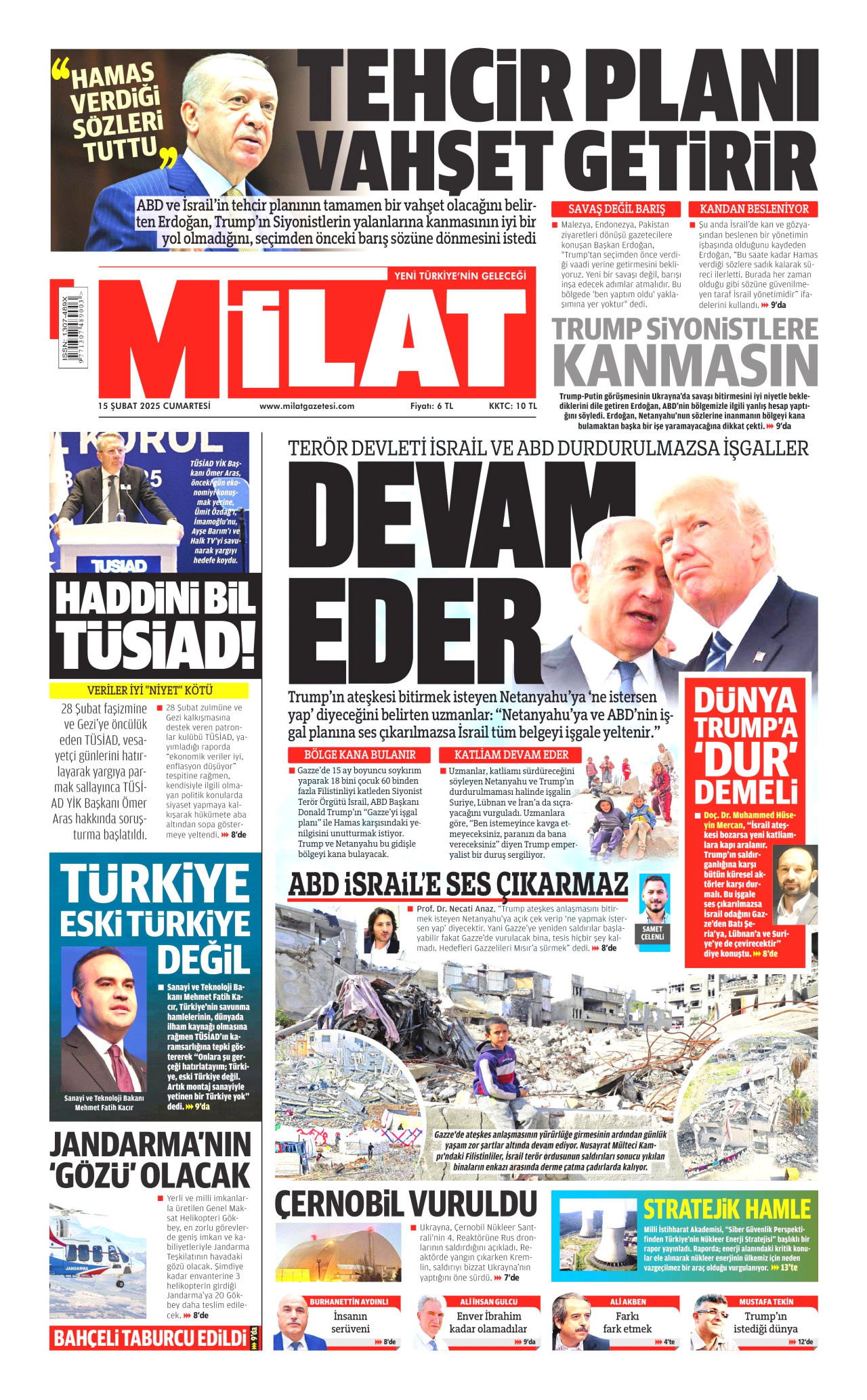 MİLAT gazetesinin 15 Şubat 2025 tarihli birinci sayfası